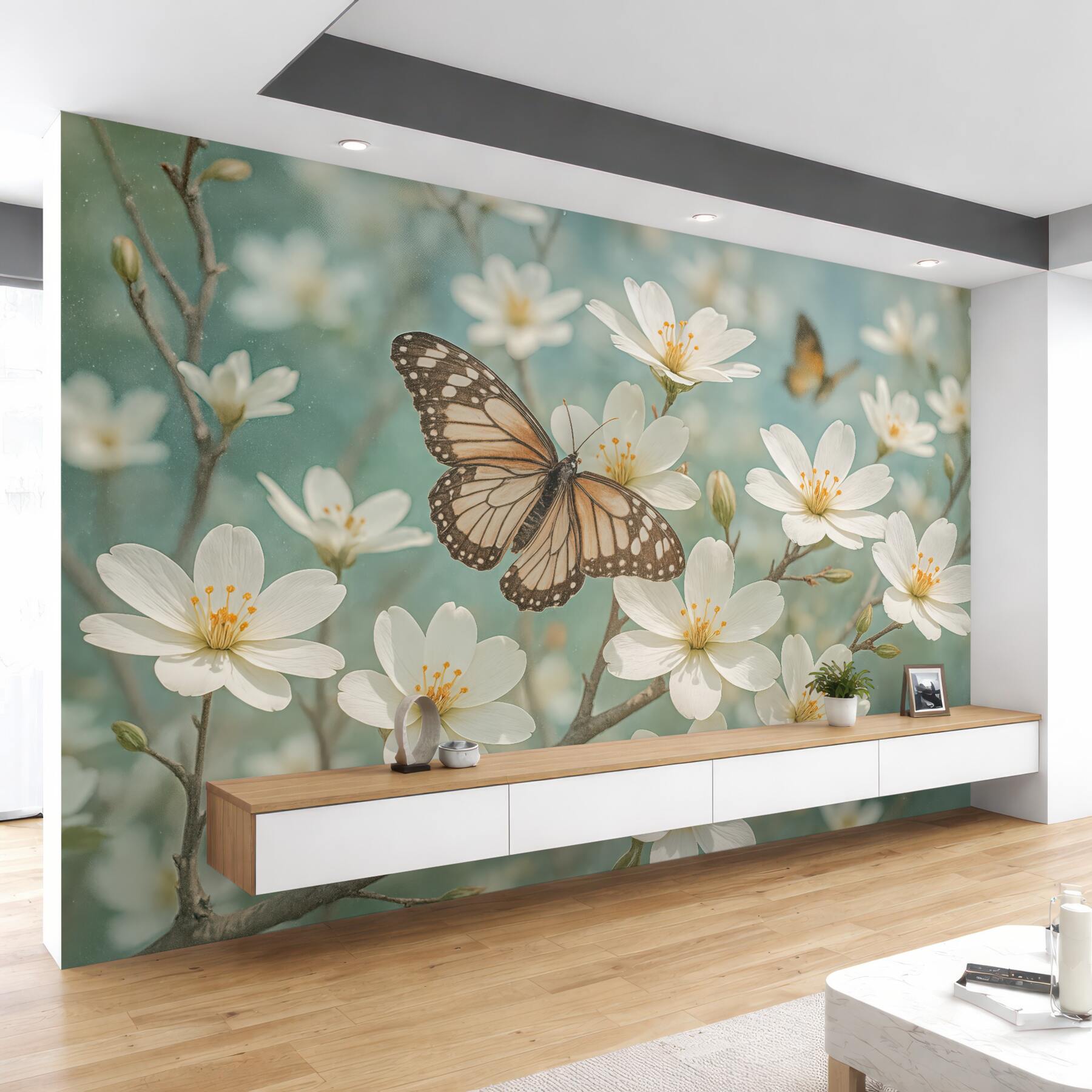Fototapeta motyl wśród wiosennych białych kwiatów