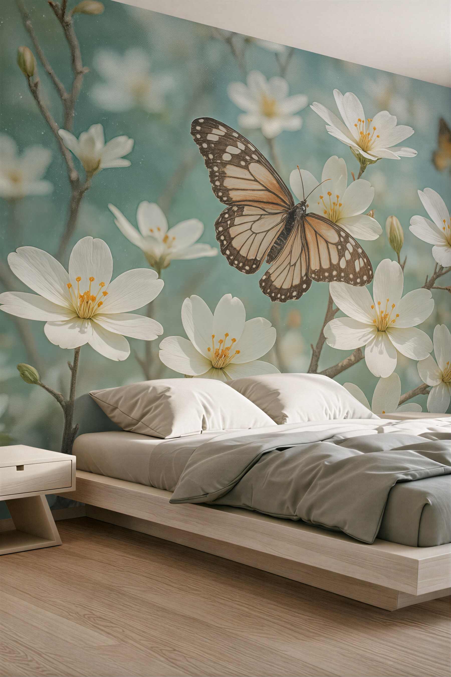 Fototapeta motyl wśród wiosennych białych kwiatów