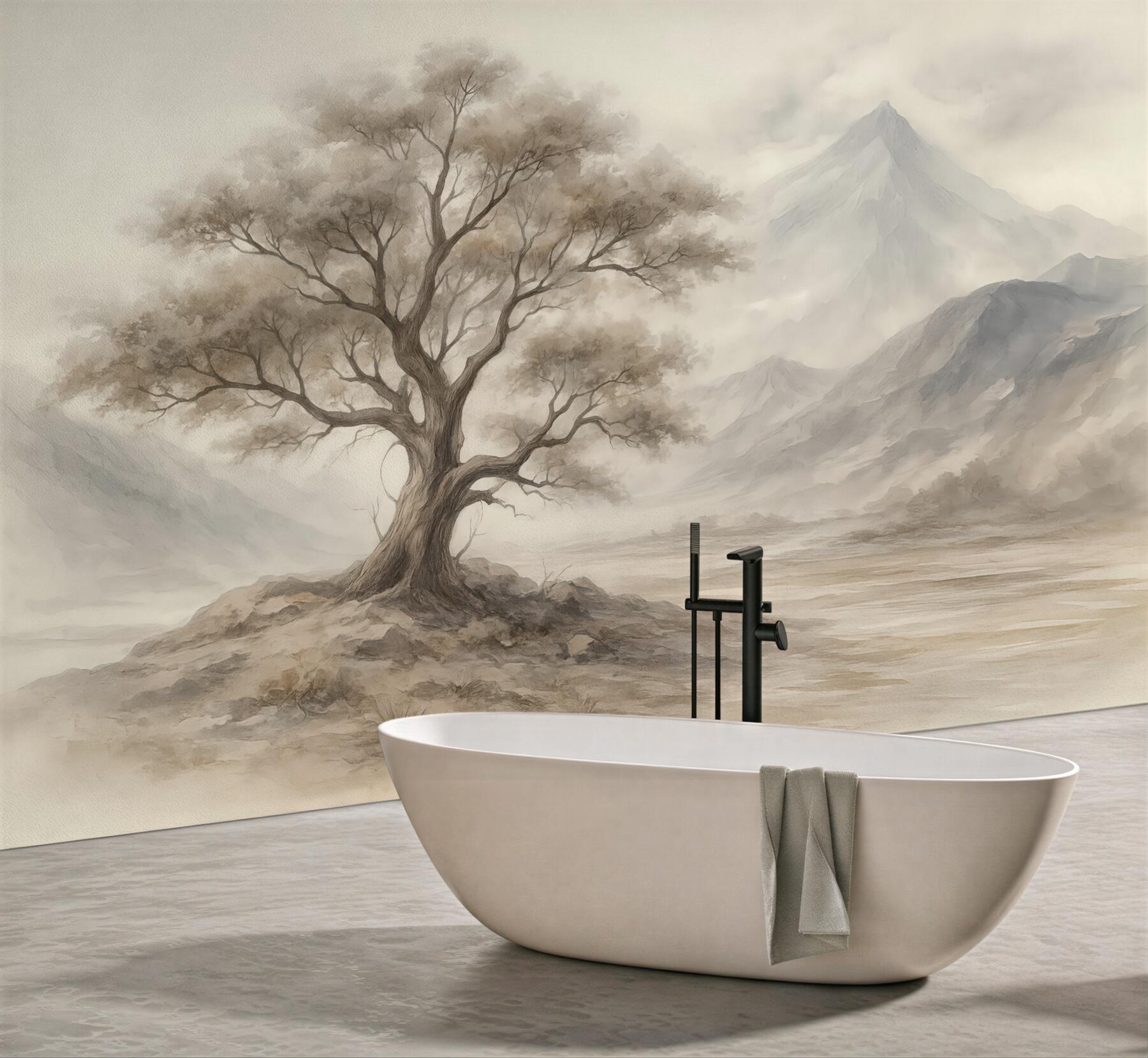 Fototapeta samotne drzewo w mglistych górach