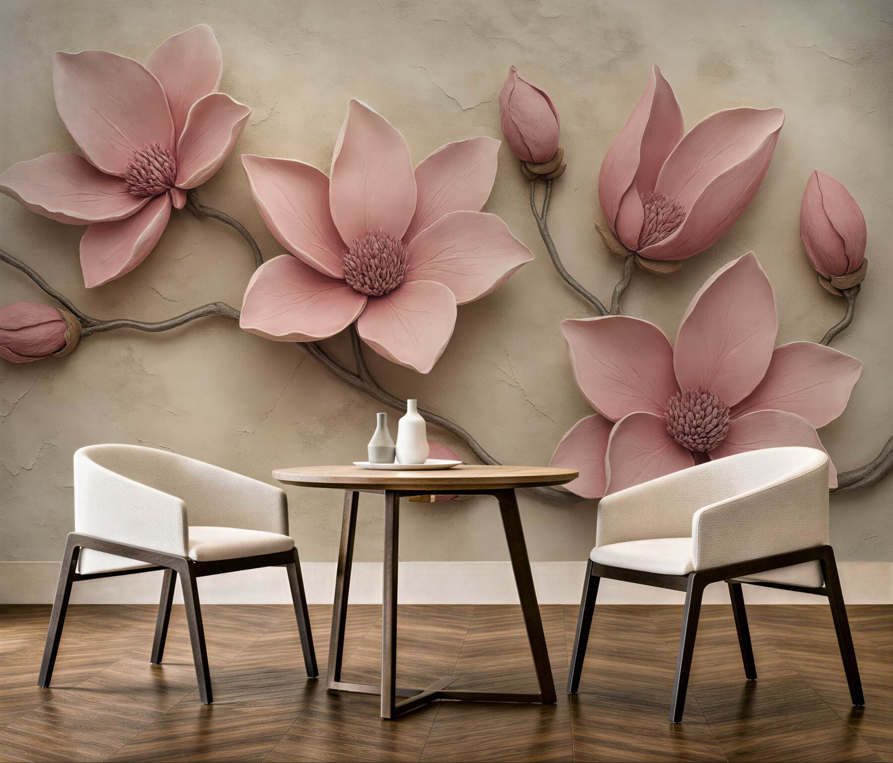 Fototapeta pudrowe magnolie na beżowym tle