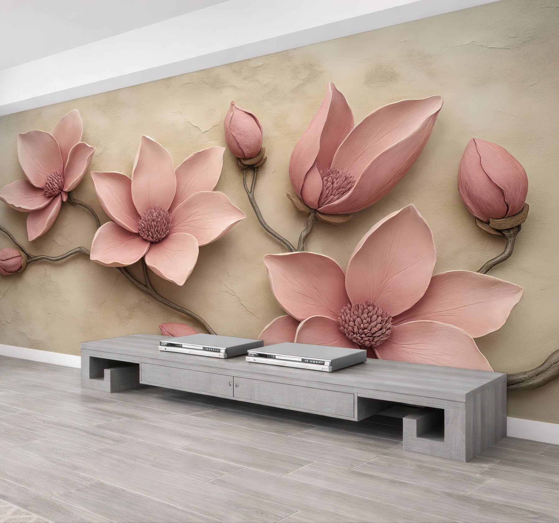 Fototapeta pudrowe magnolie na beżowym tle