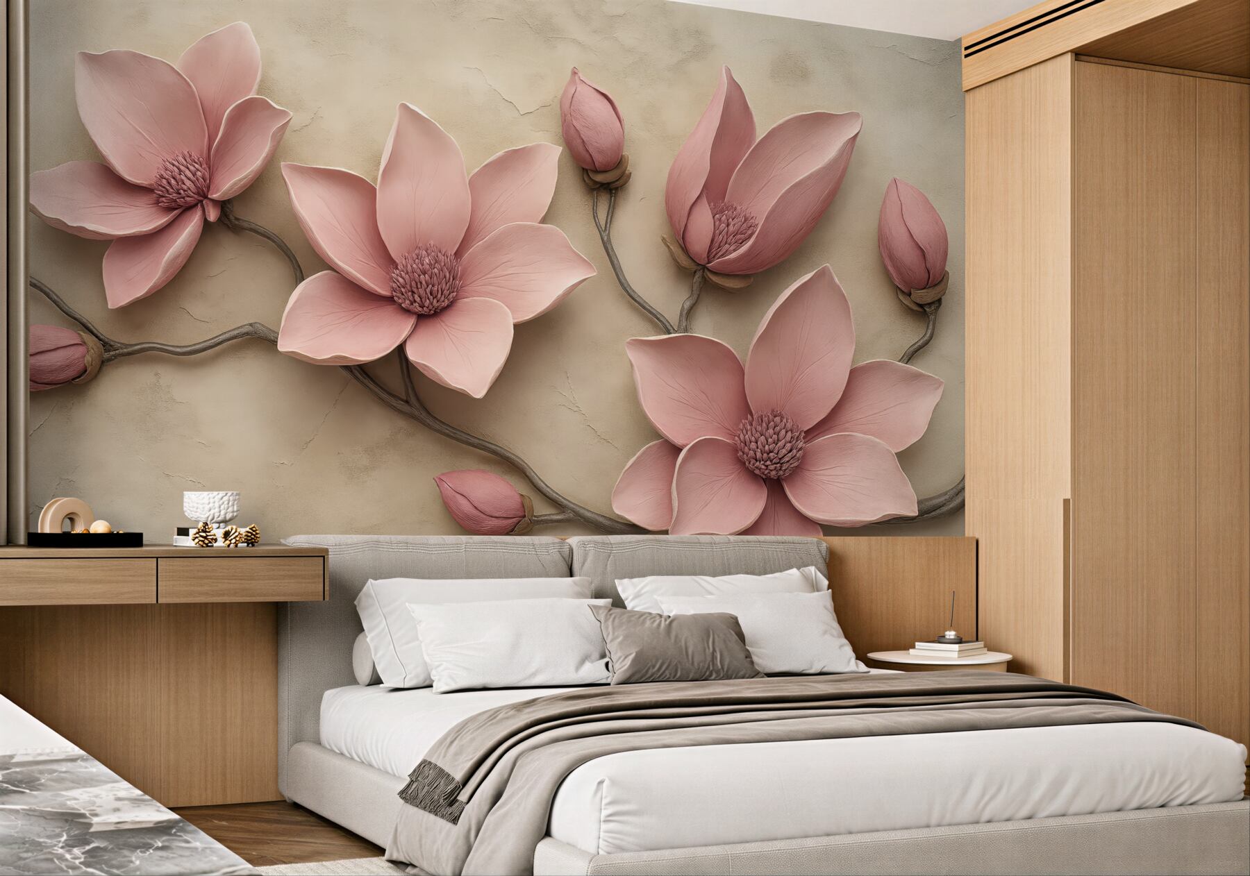 Fototapeta pudrowe magnolie na beżowym tle