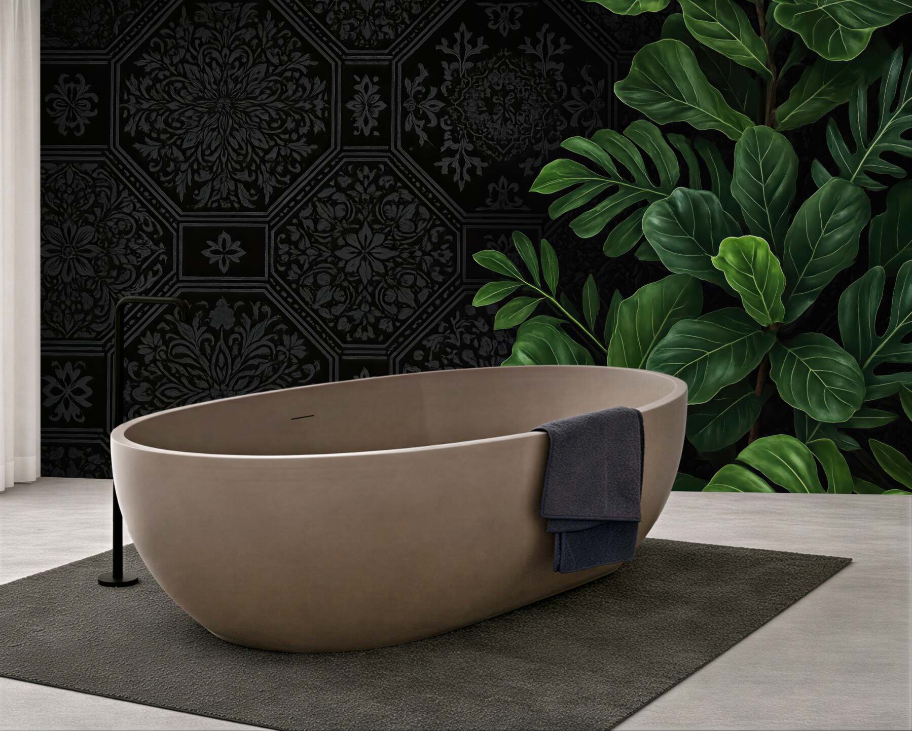 Fototapeta tropikalne liście na czarnym ornamentzie