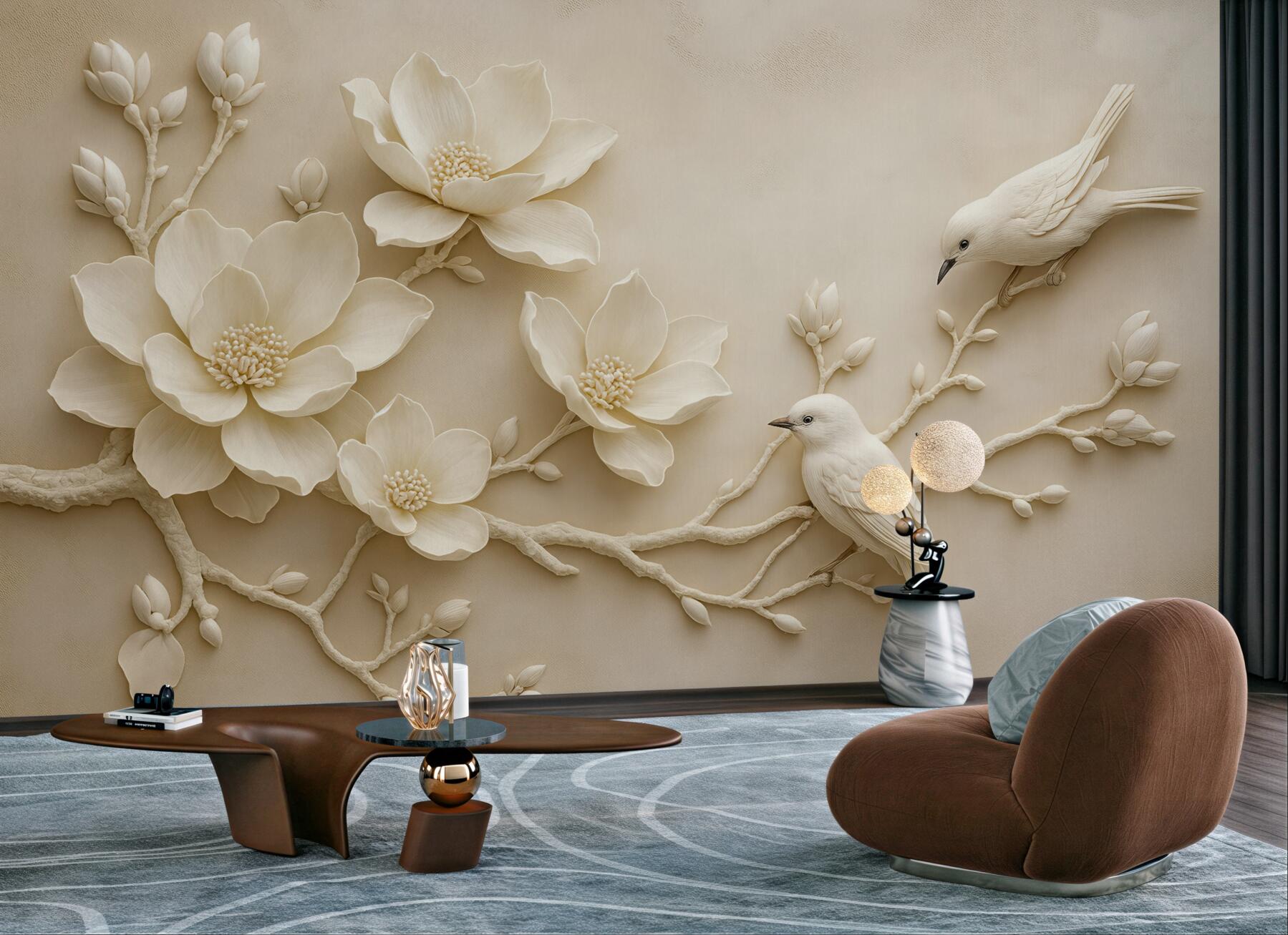 Fototapeta kremowe magnolie z ptakami relief 3d