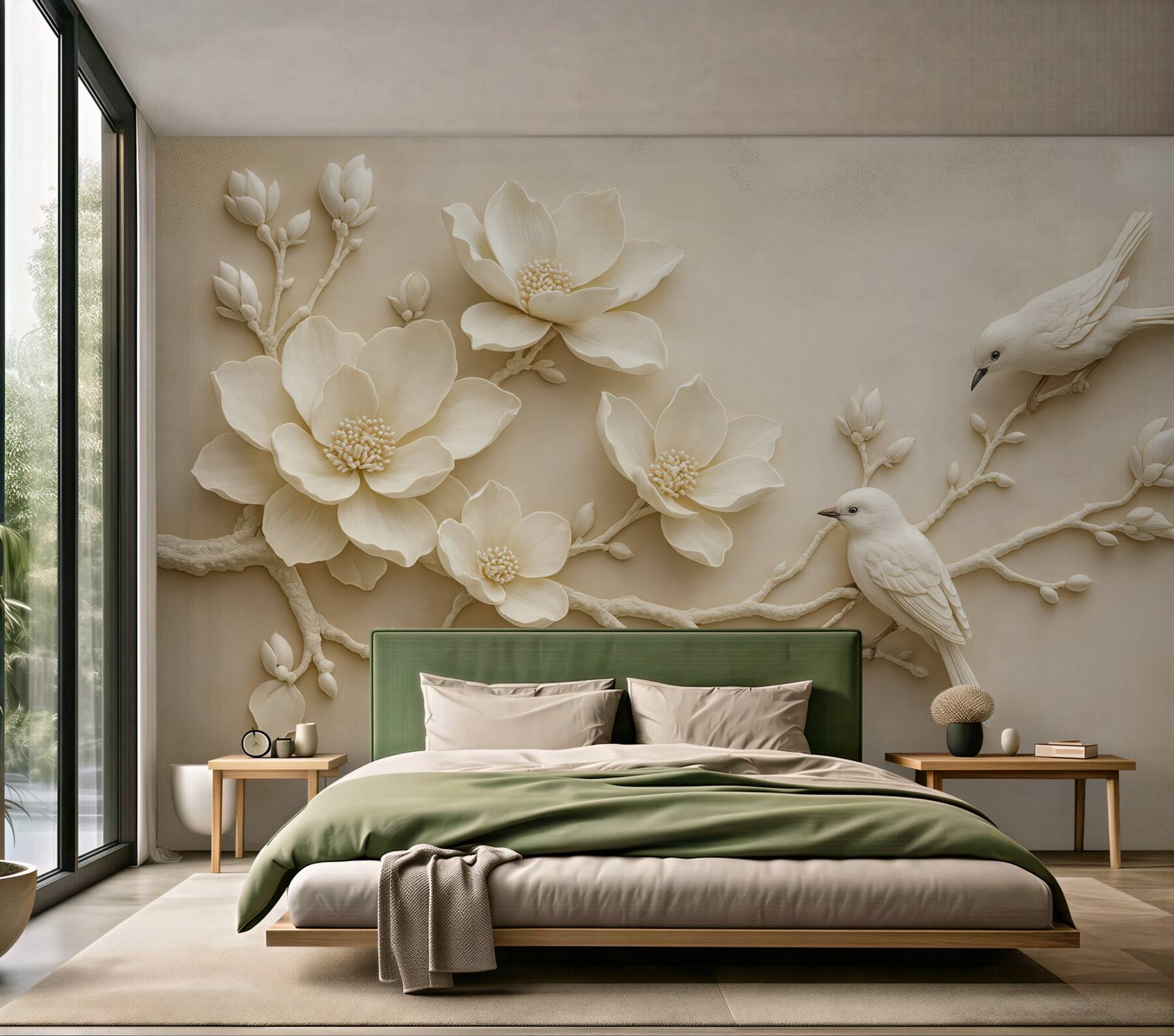 Fototapeta kremowe magnolie z ptakami relief 3d