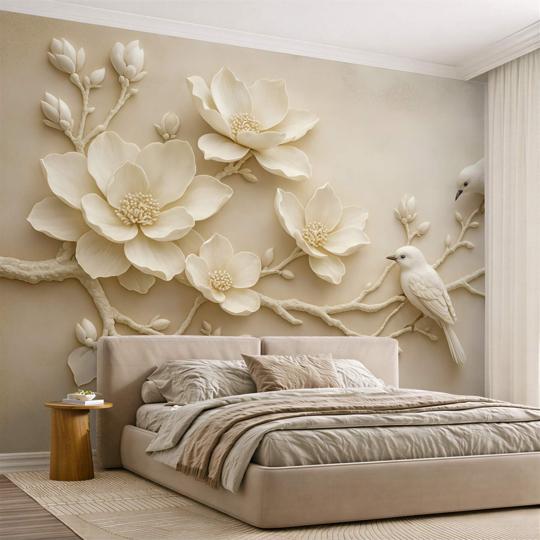 Fototapeta kremowe magnolie z ptakami relief 3d