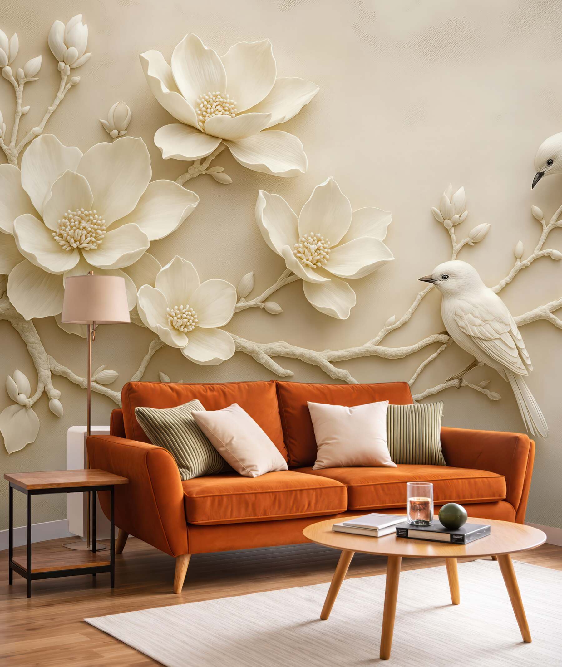 Fototapeta kremowe magnolie z ptakami relief 3d