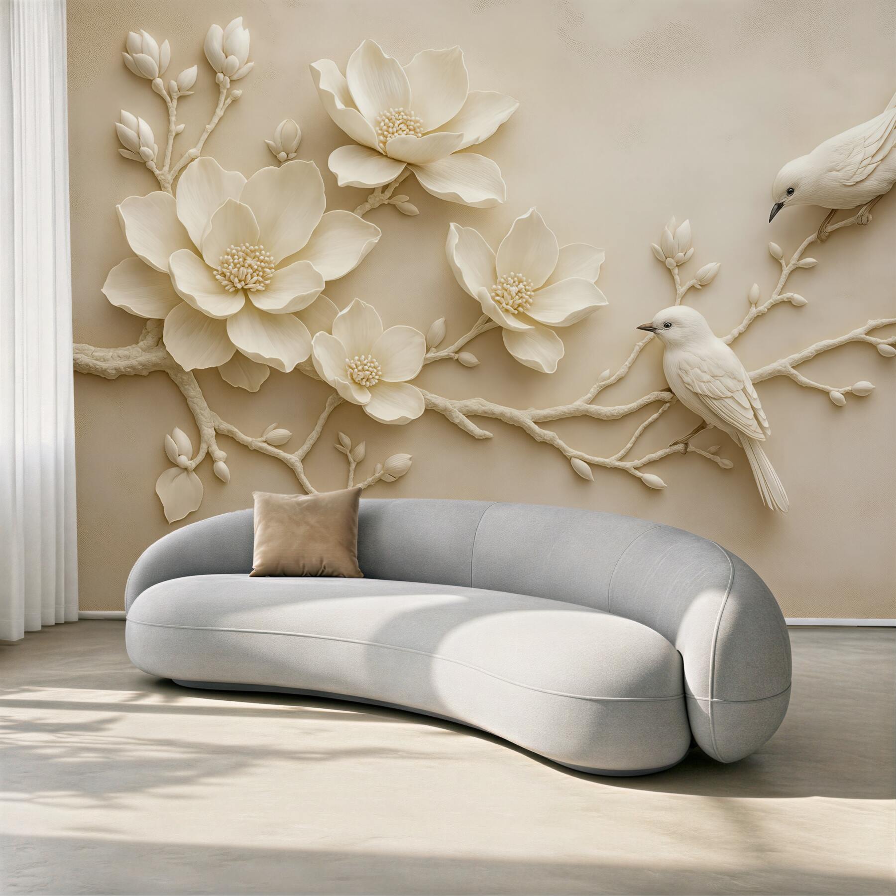 Fototapeta kremowe magnolie z ptakami relief 3d