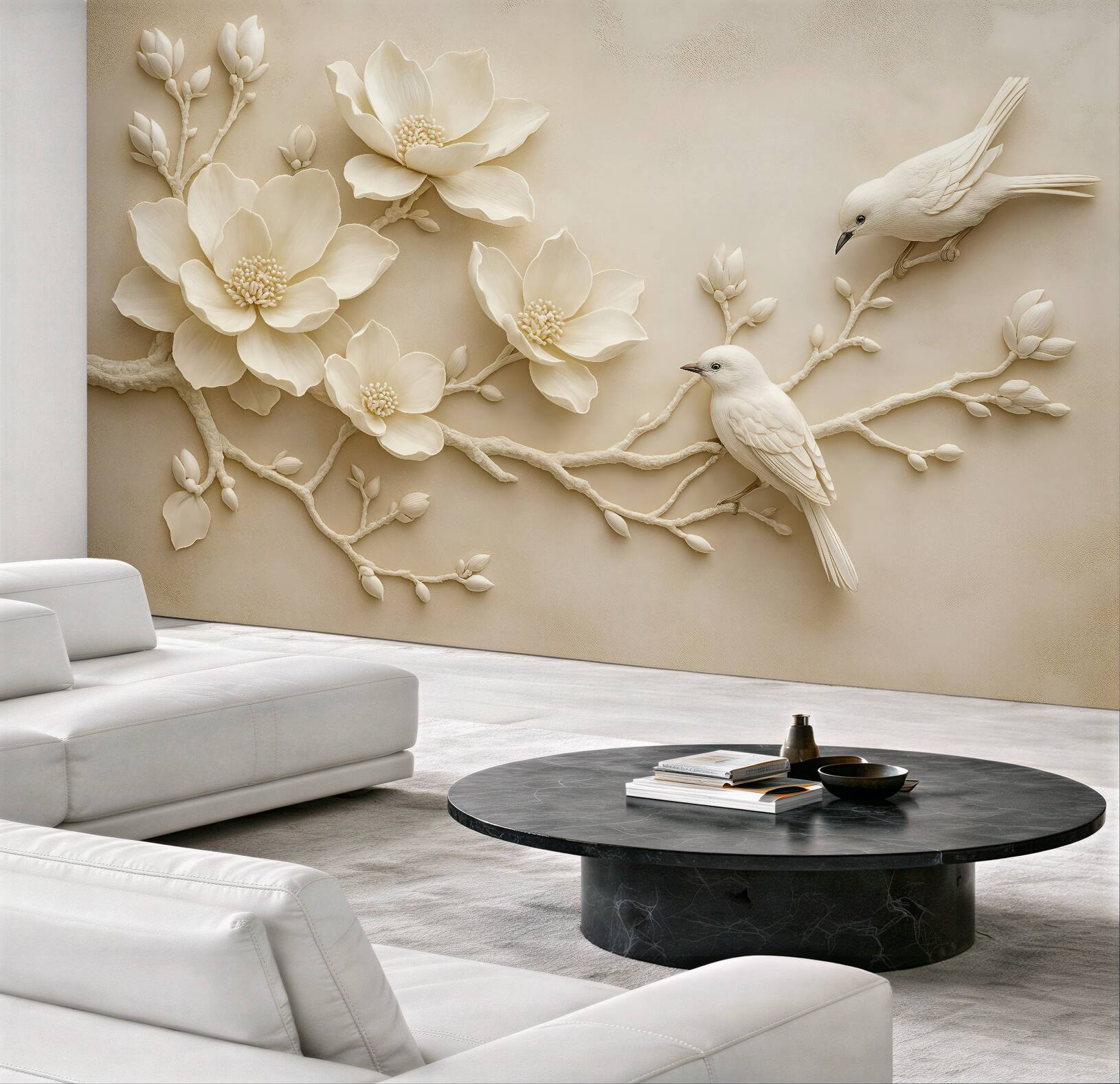 Fototapeta kremowe magnolie z ptakami relief 3d
