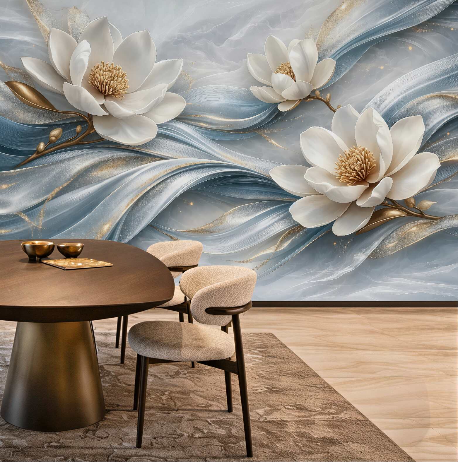 Fototapeta białe magnolie na błękitnych falach