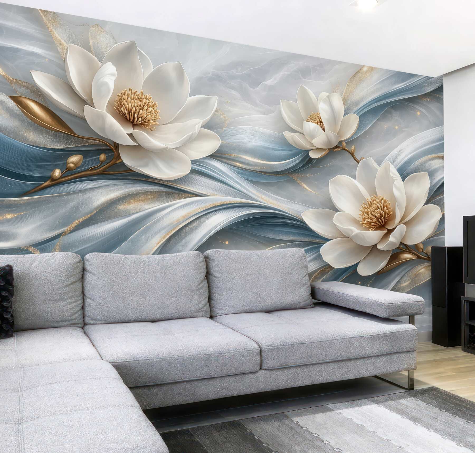 Fototapeta białe magnolie na błękitnych falach