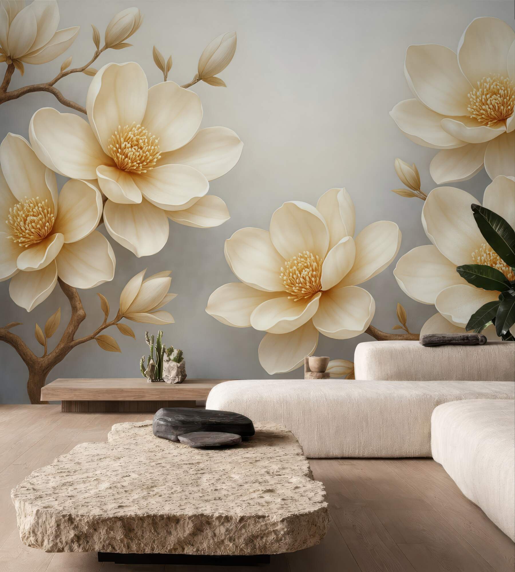 Fototapeta kremowe magnolie na szarym tle