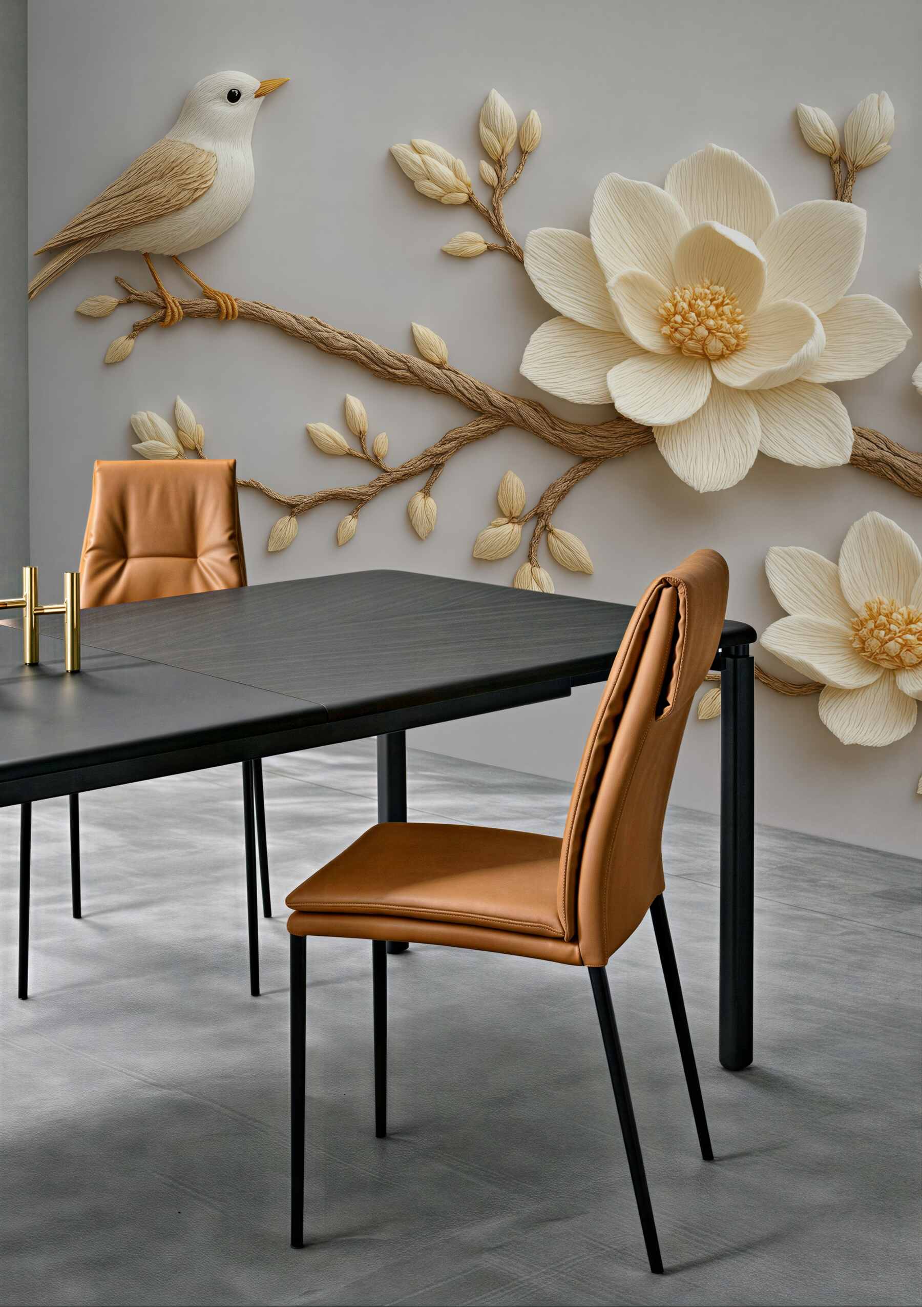 Fototapeta ptaszek i magnolie w subtelnej rzeźbie
