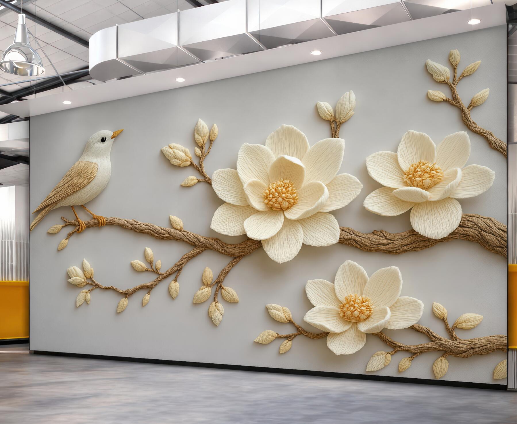 Fototapeta ptaszek i magnolie w subtelnej rzeźbie