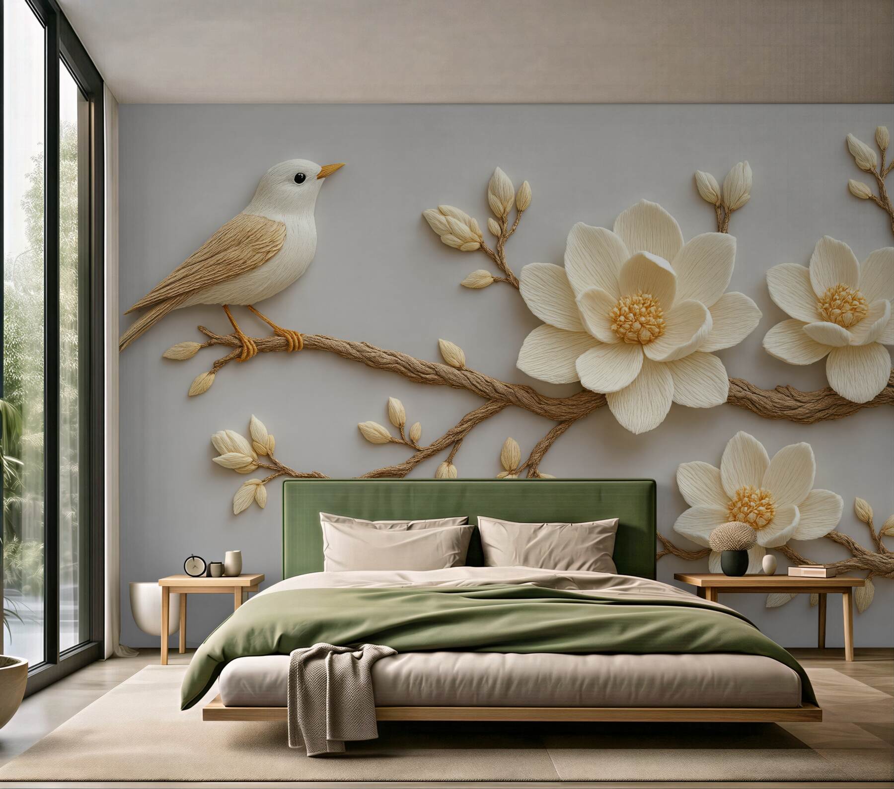 Fototapeta ptaszek i magnolie w subtelnej rzeźbie