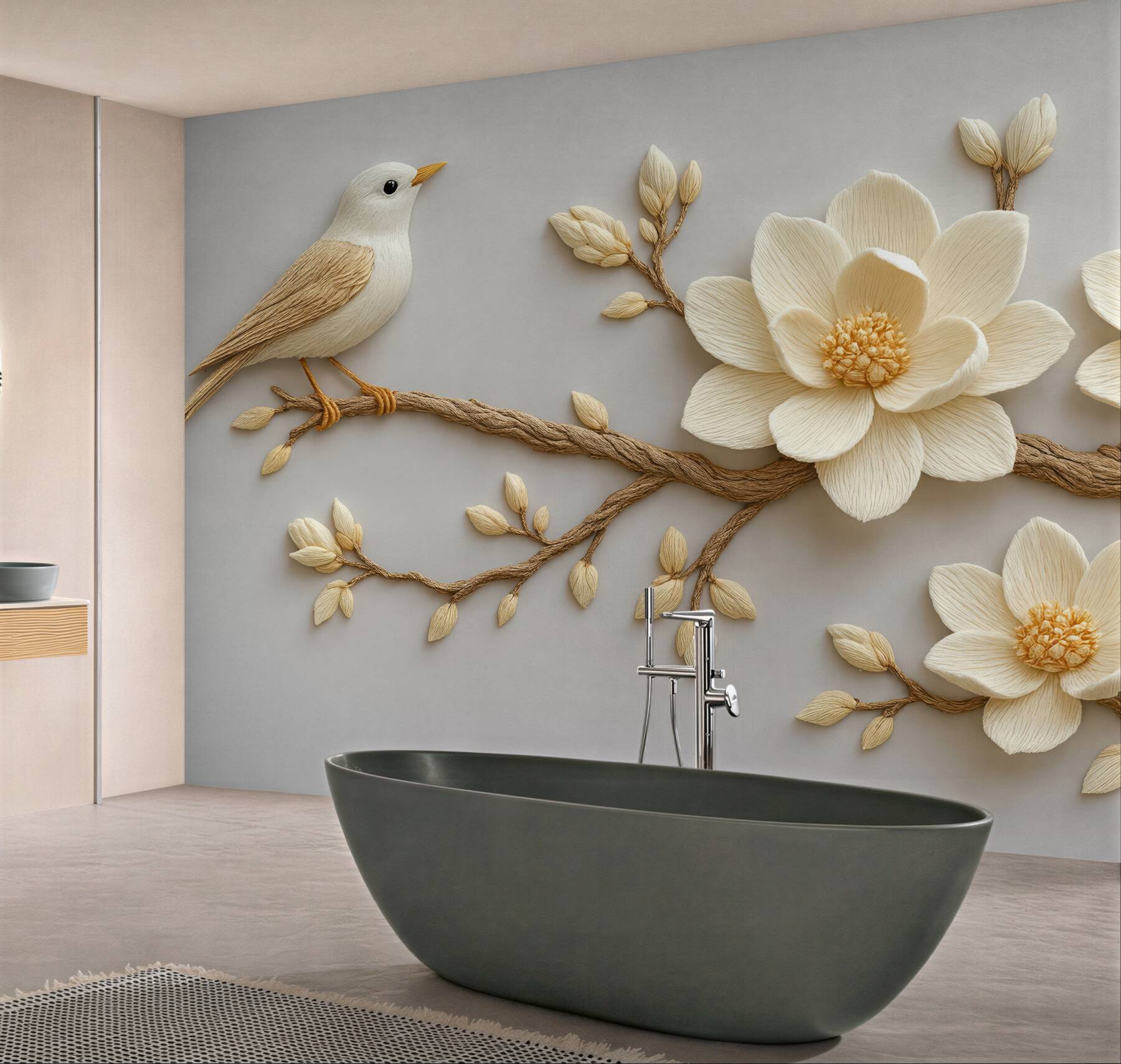 Fototapeta ptaszek i magnolie w subtelnej rzeźbie