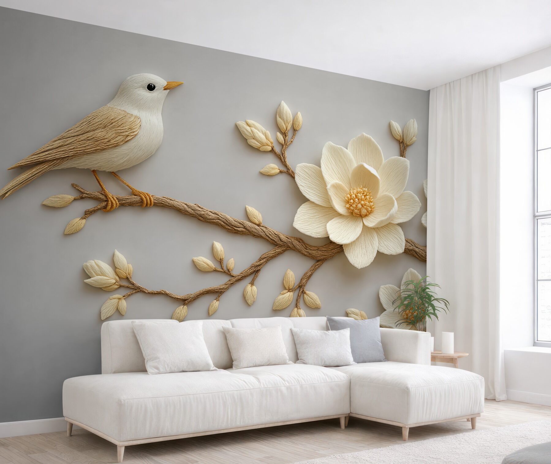 Fototapeta ptaszek i magnolie w subtelnej rzeźbie