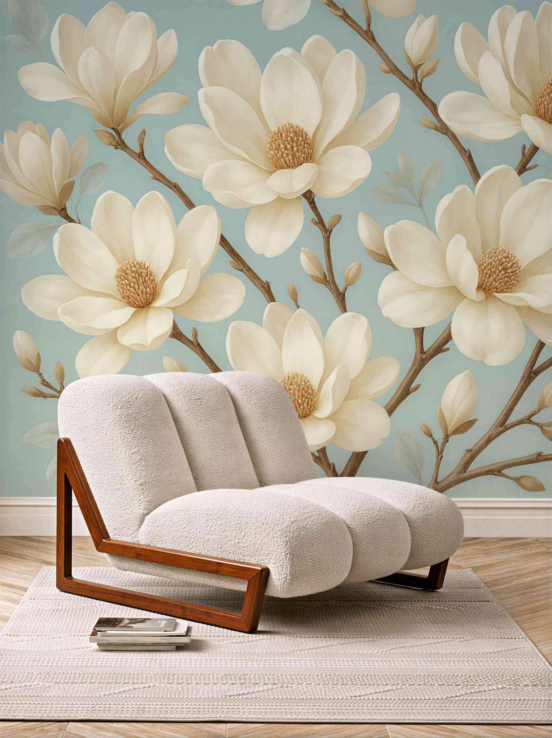 Fototapeta kremowe magnolie na błękitnym tle