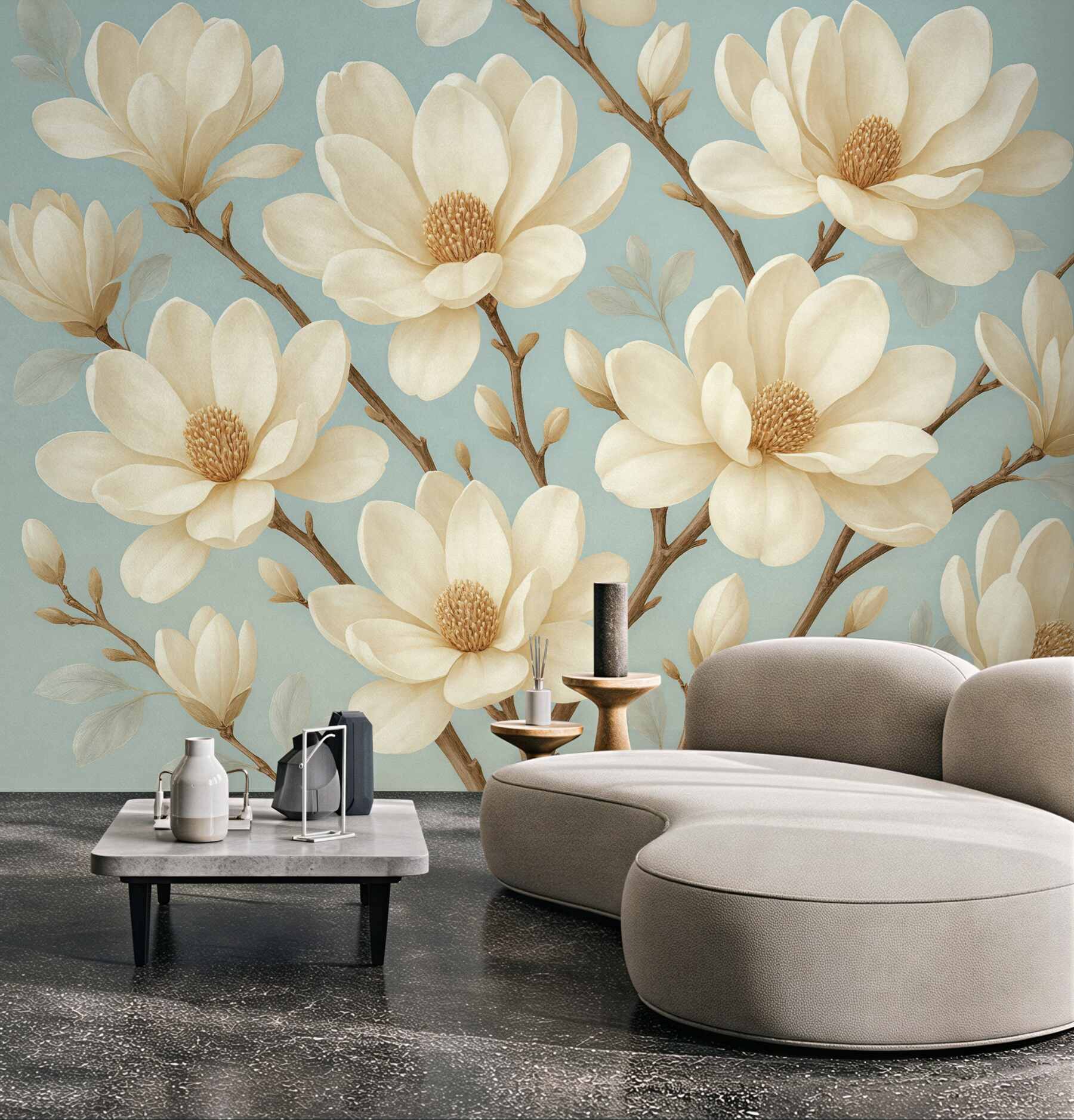 Fototapeta kremowe magnolie na błękitnym tle