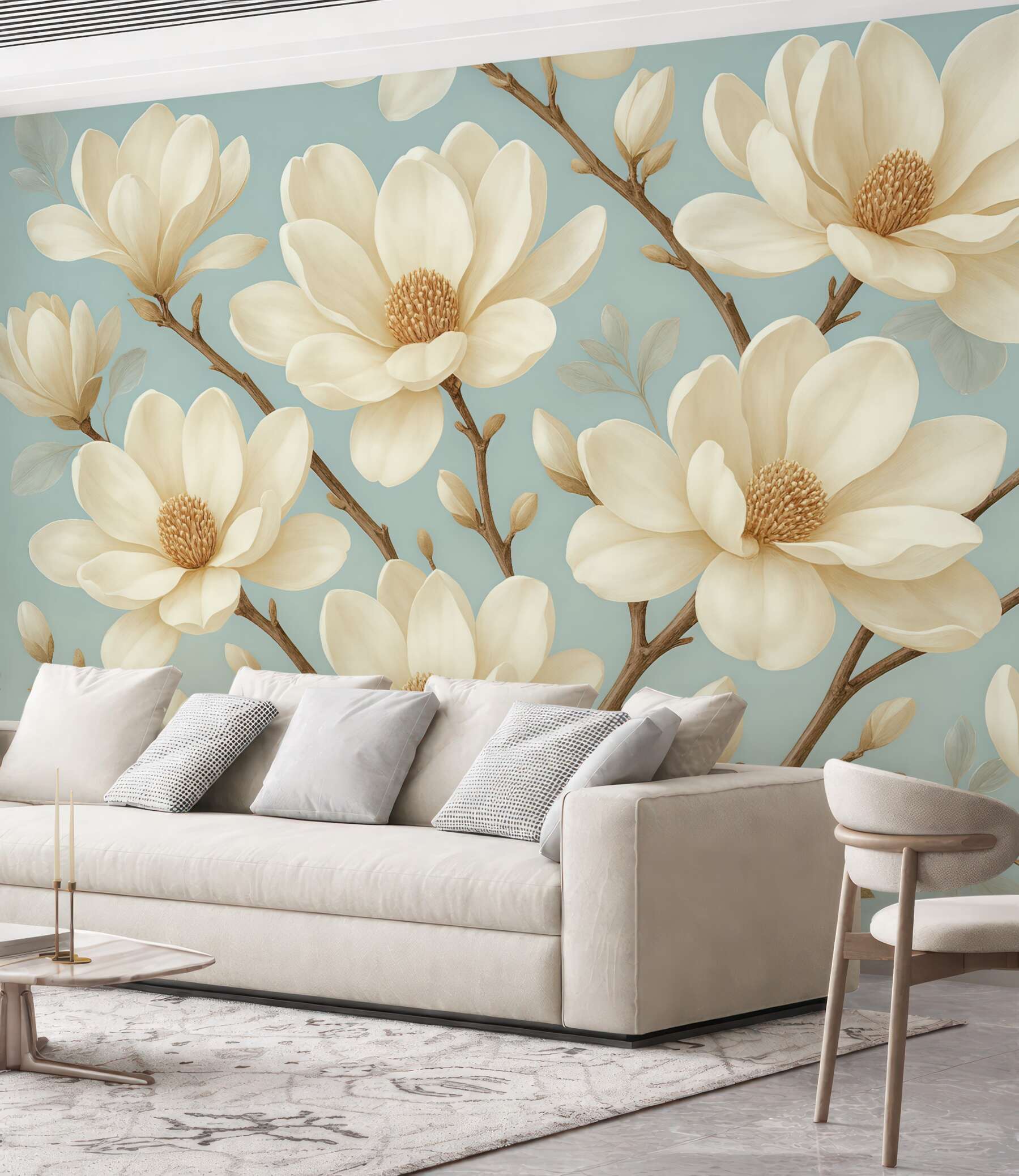 Fototapeta kremowe magnolie na błękitnym tle
