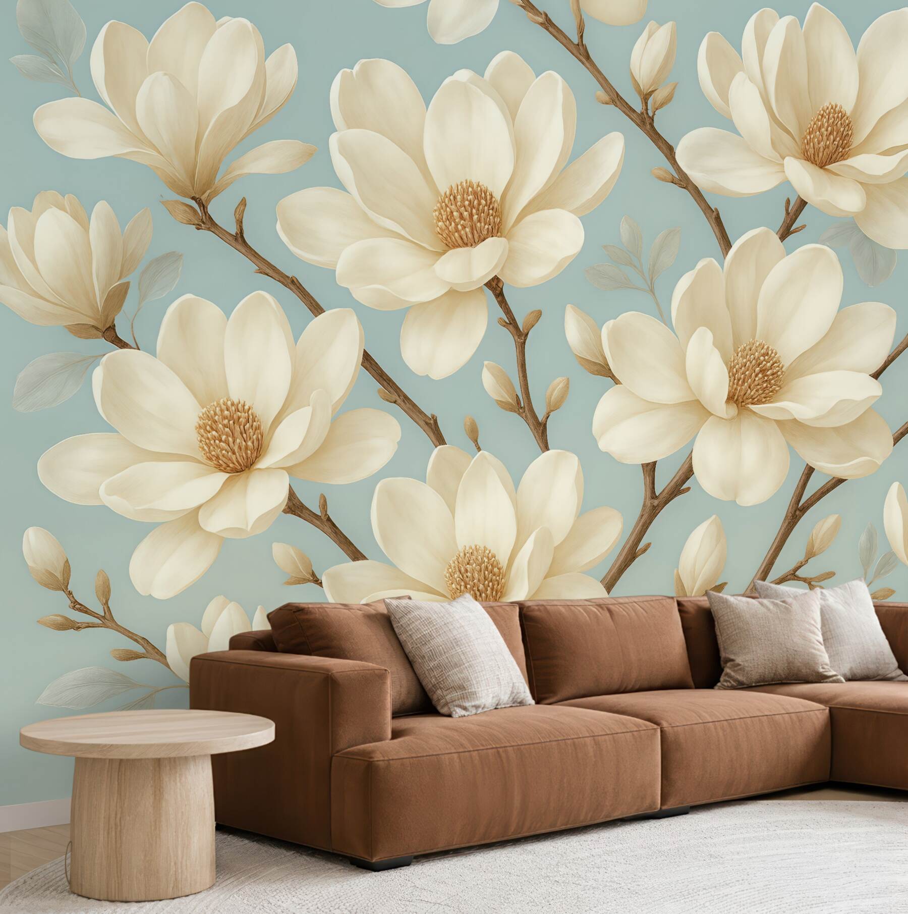 Fototapeta kremowe magnolie na błękitnym tle