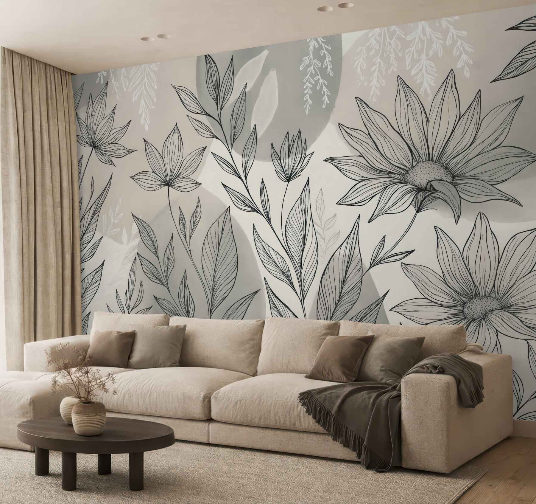 Fototapeta minimalistyczne kwiaty i liście w beżu
