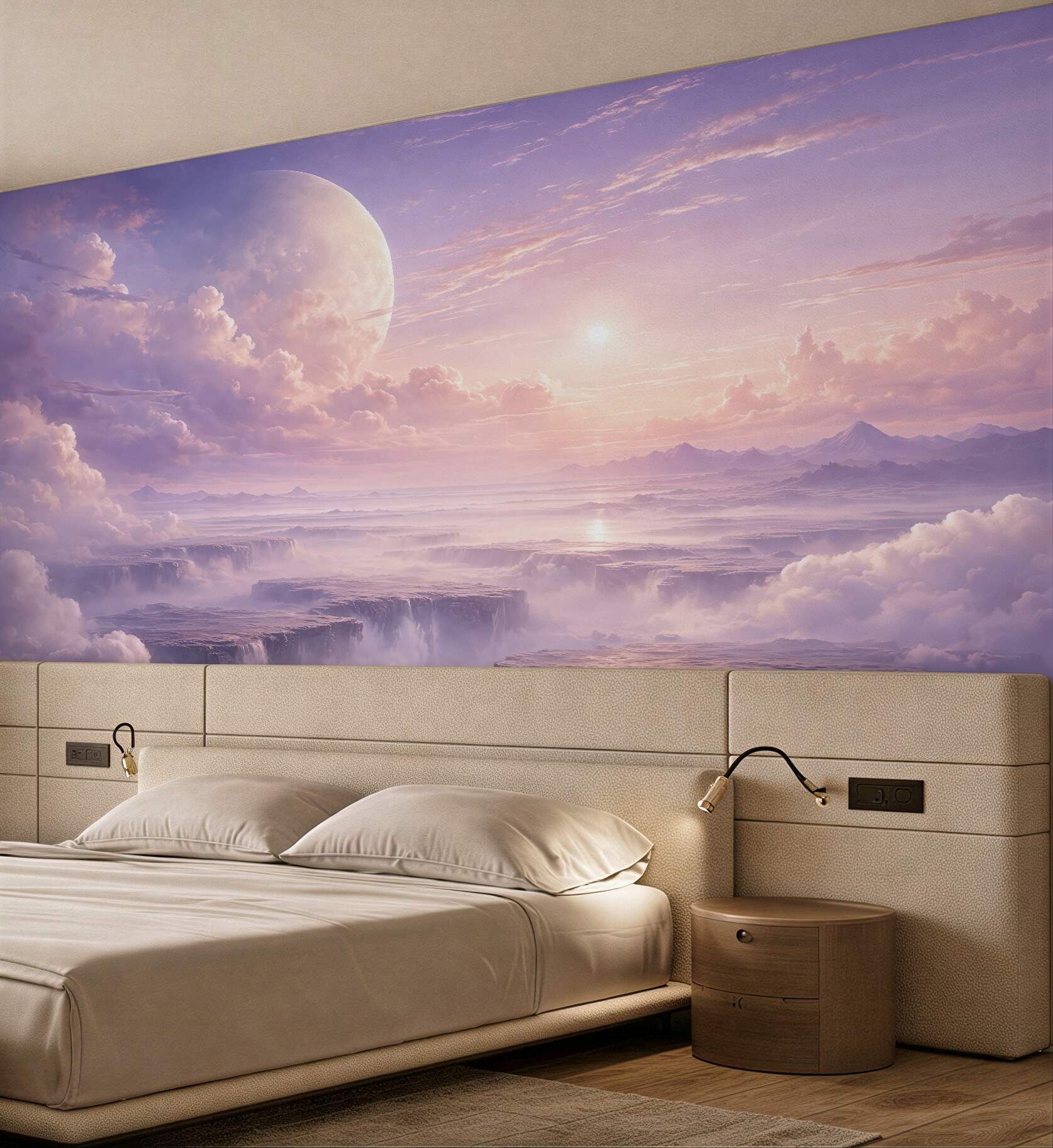 Fototapeta fantastyczny świt nad chmurami i planetą