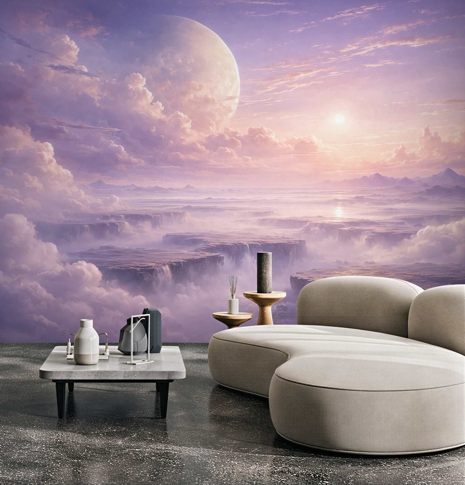 Fototapeta fantastyczny świt nad chmurami i planetą