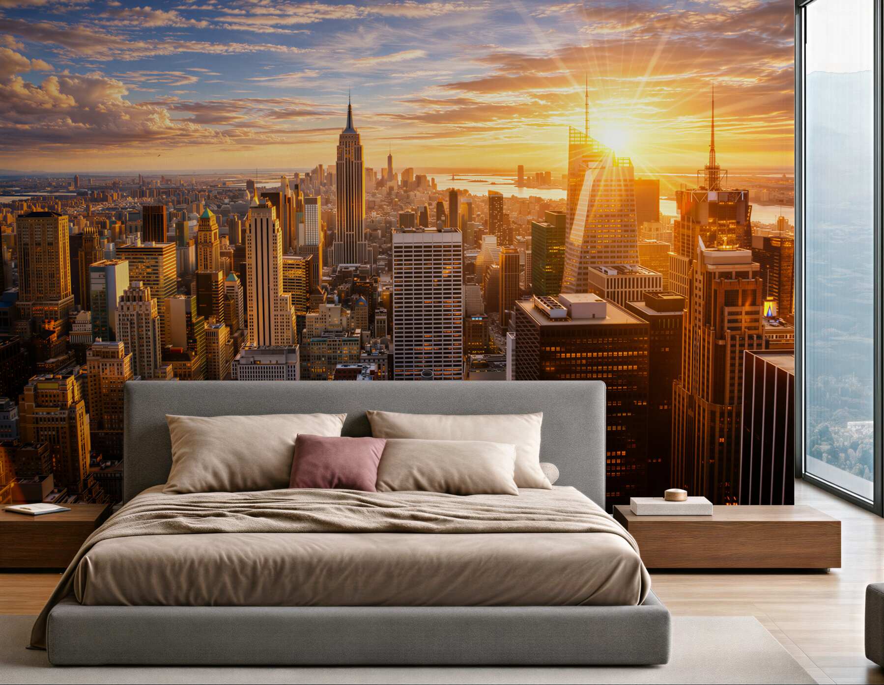 Fototapeta Manhattan o zachodzie słońca złota panorama miasta do salonu