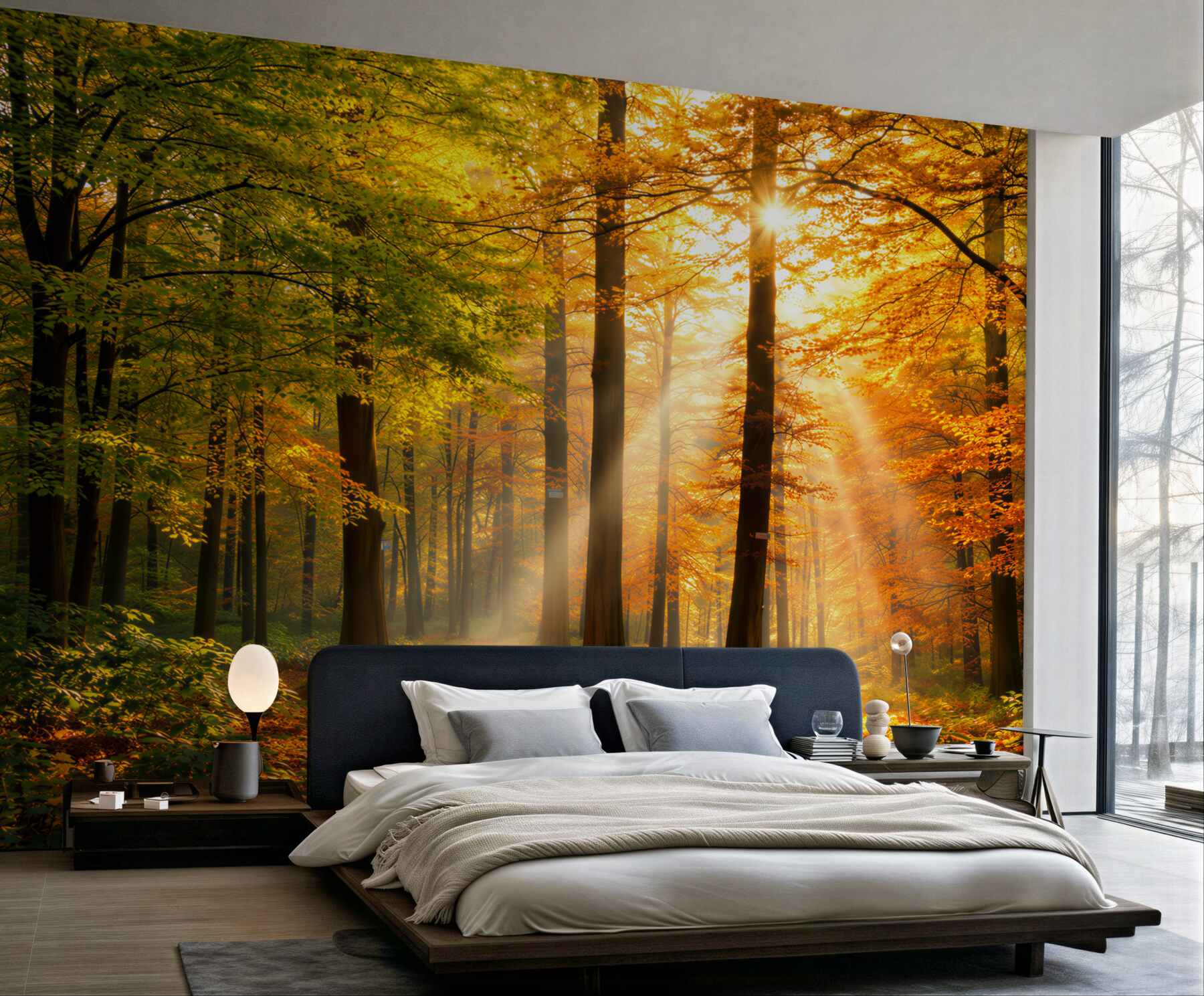 Fototapeta jesienny las ze słońcem i leśną ścieżką