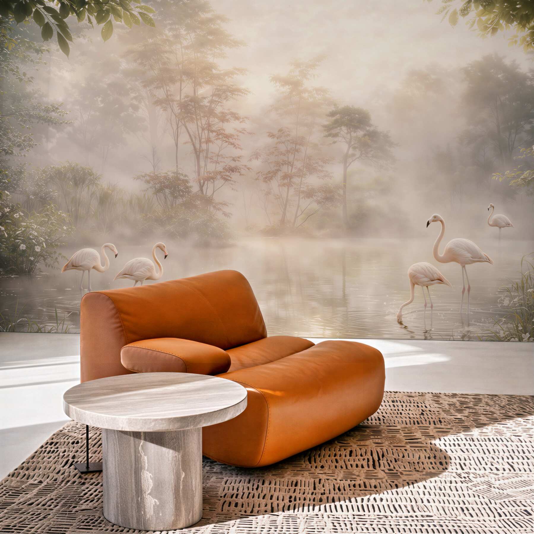 Fototapeta flamingi nad mglistym jeziorem w pastelowym świetle