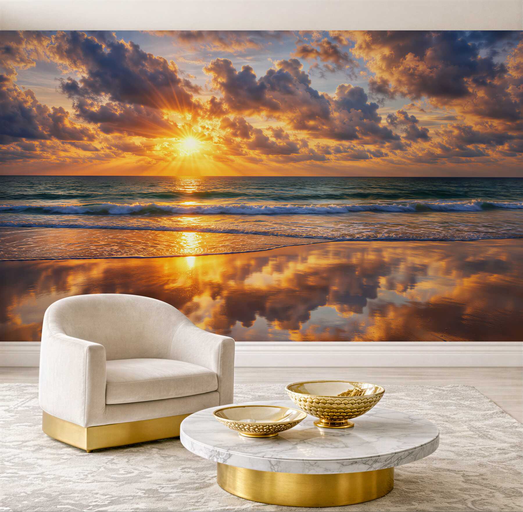 Fototapeta zachód słońca nad morzem ze złotym odbiciem na plaży