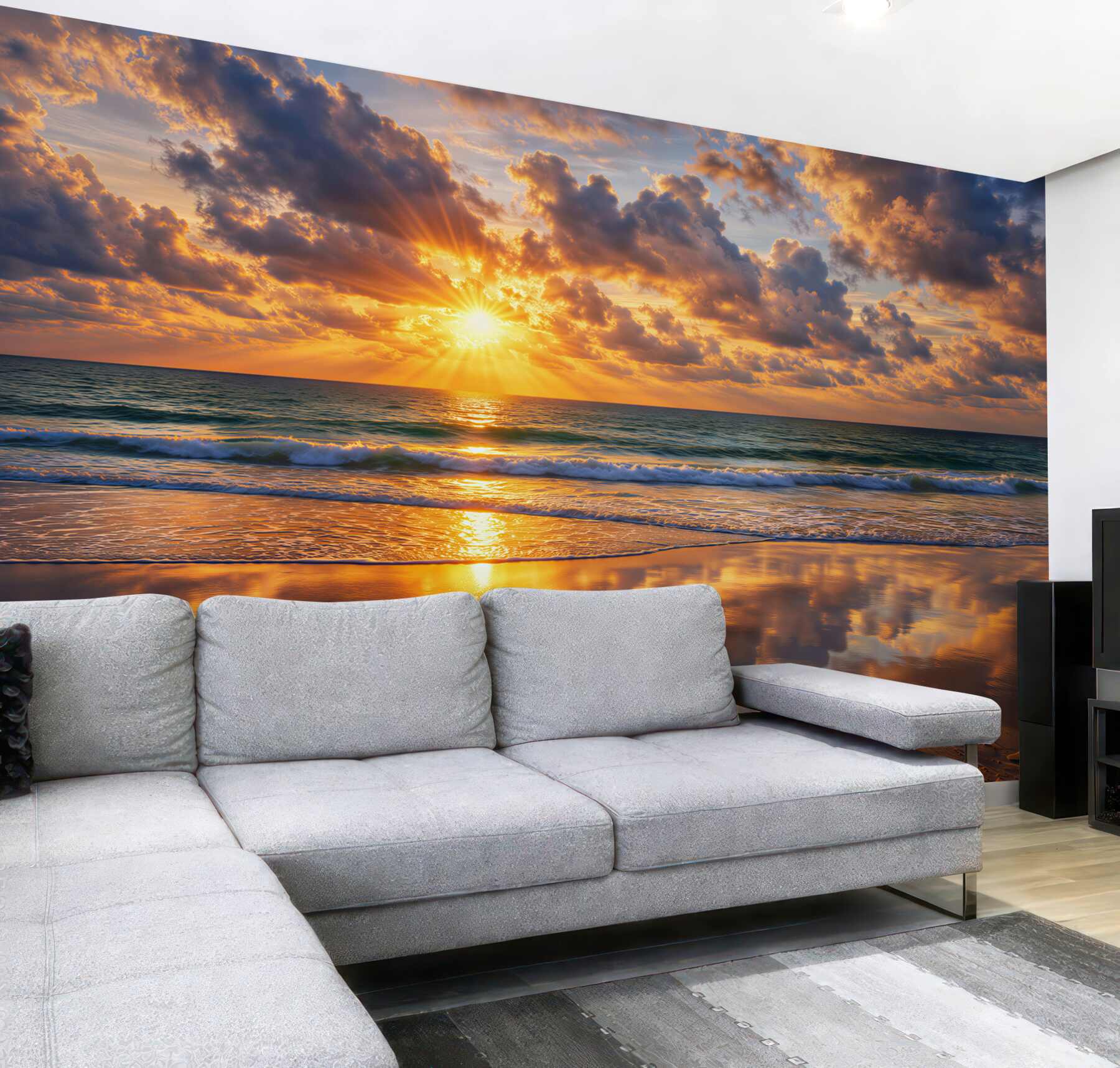 Fototapeta zachód słońca nad morzem ze złotym odbiciem na plaży