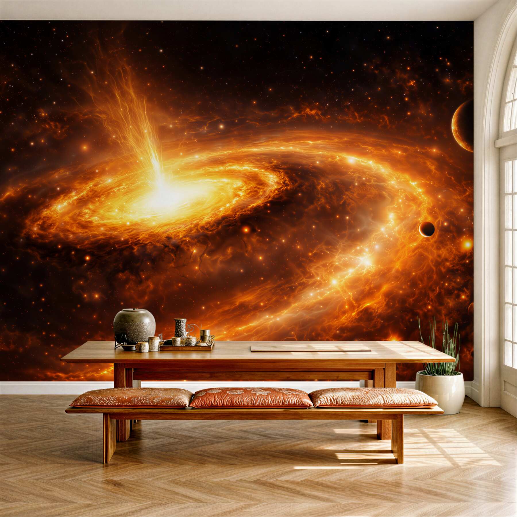 Fototapeta kosmiczna galaktyka z planetami w ognistych złotych barwach