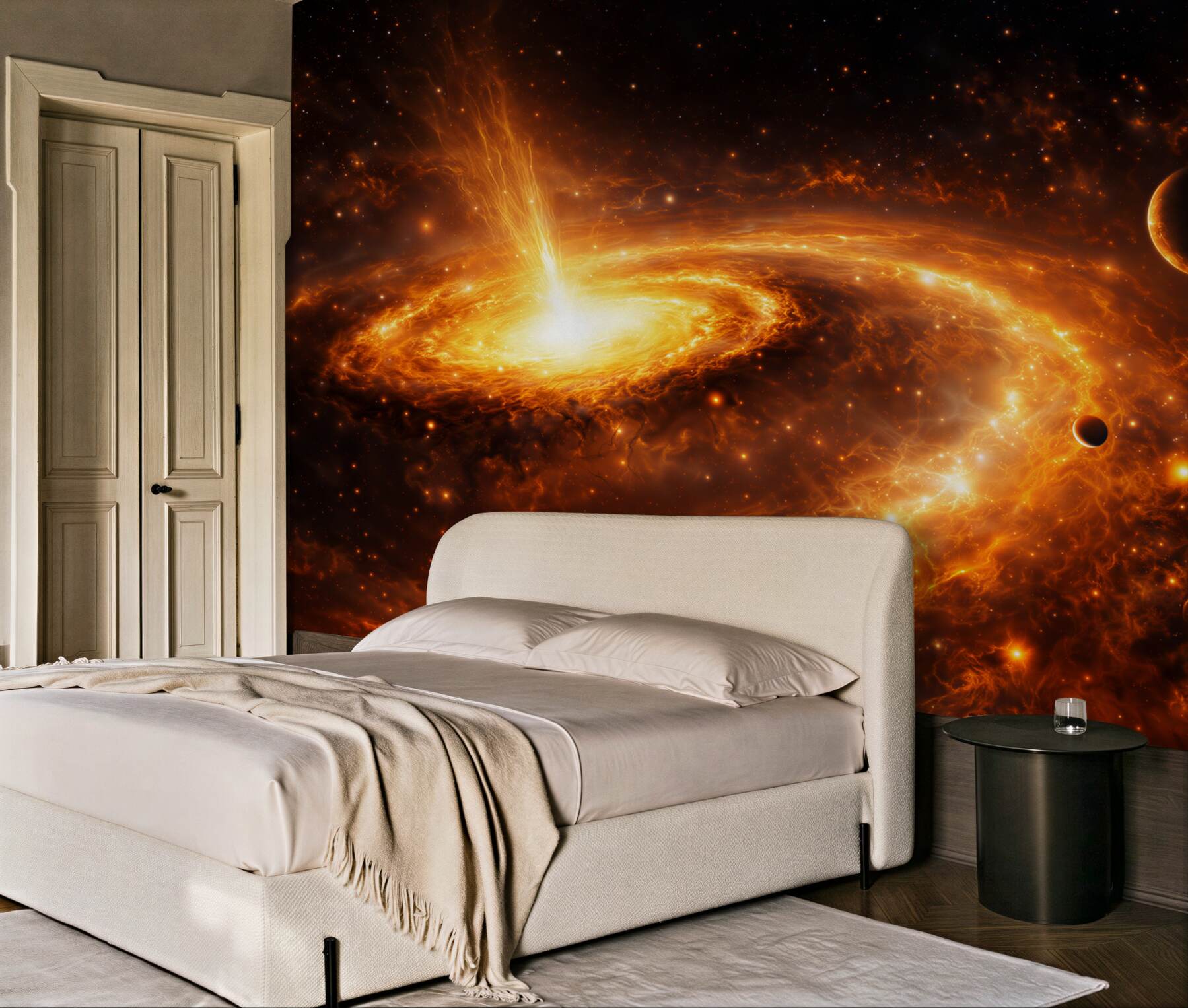 Fototapeta kosmiczna galaktyka z planetami w ognistych złotych barwach