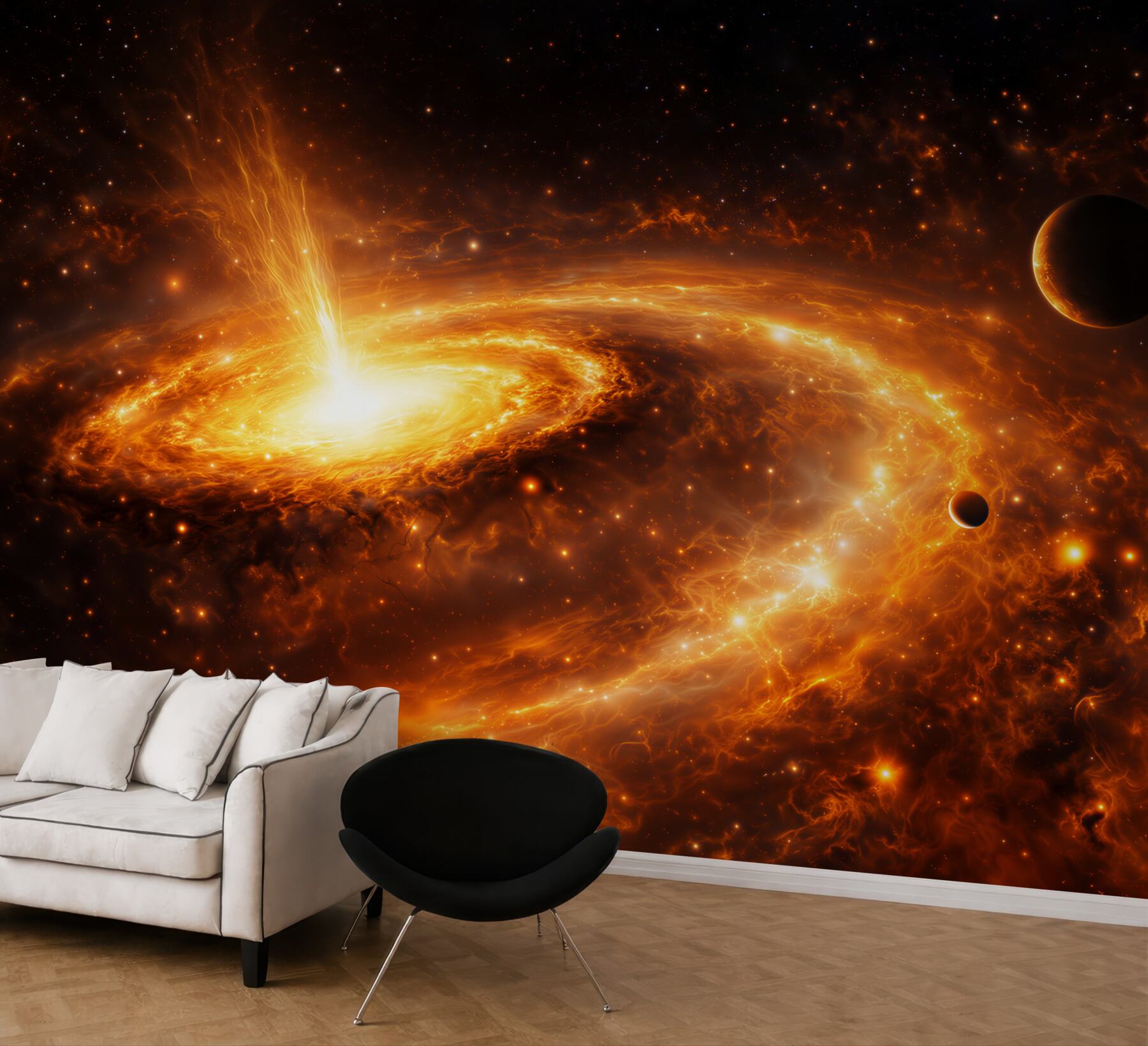 Fototapeta kosmiczna galaktyka z planetami w ognistych złotych barwach