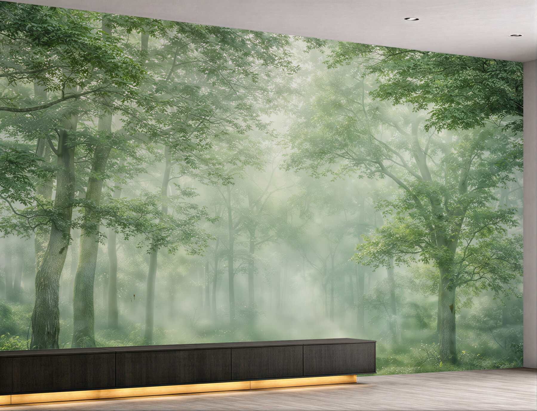 Fototapeta mglisty zielony las ze słońcem spokojna do sypialni