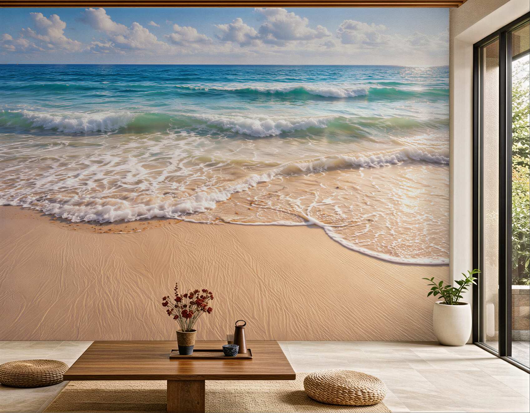 Fototapeta spokojna plaża z turkusowym morzem i falami o wschodzie słońca