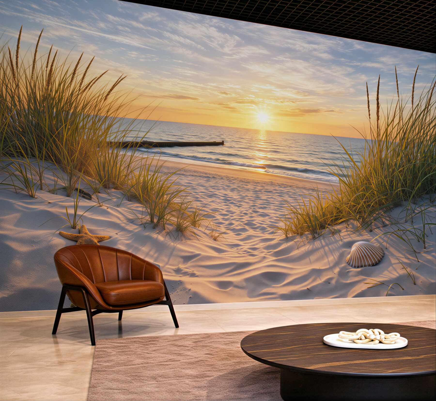 Fototapeta plaża o wschodzie słońca z wydmami i spokojnym morzem