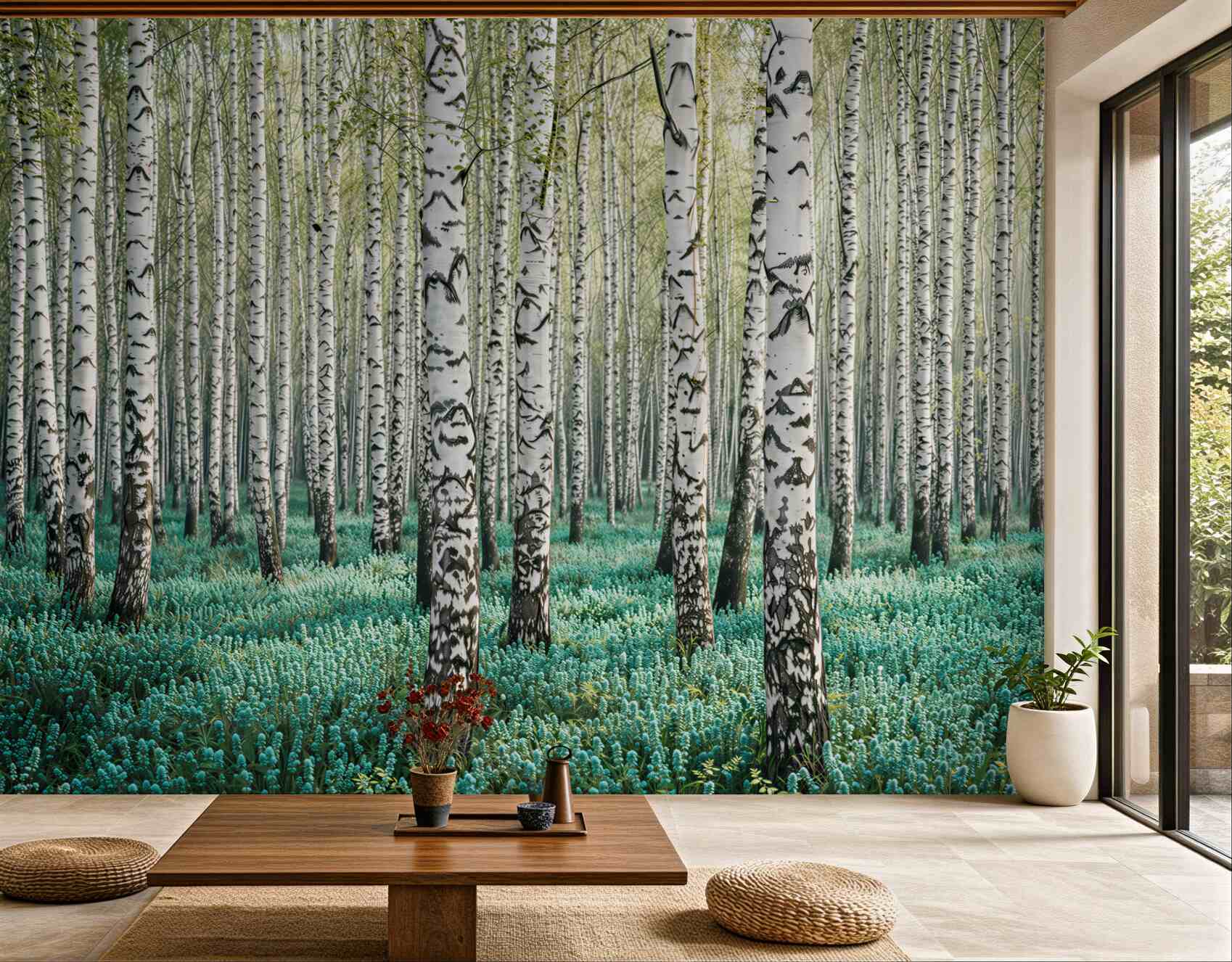 Fototapeta las brzozowy z turkusowym runem leśnym spokojna natura