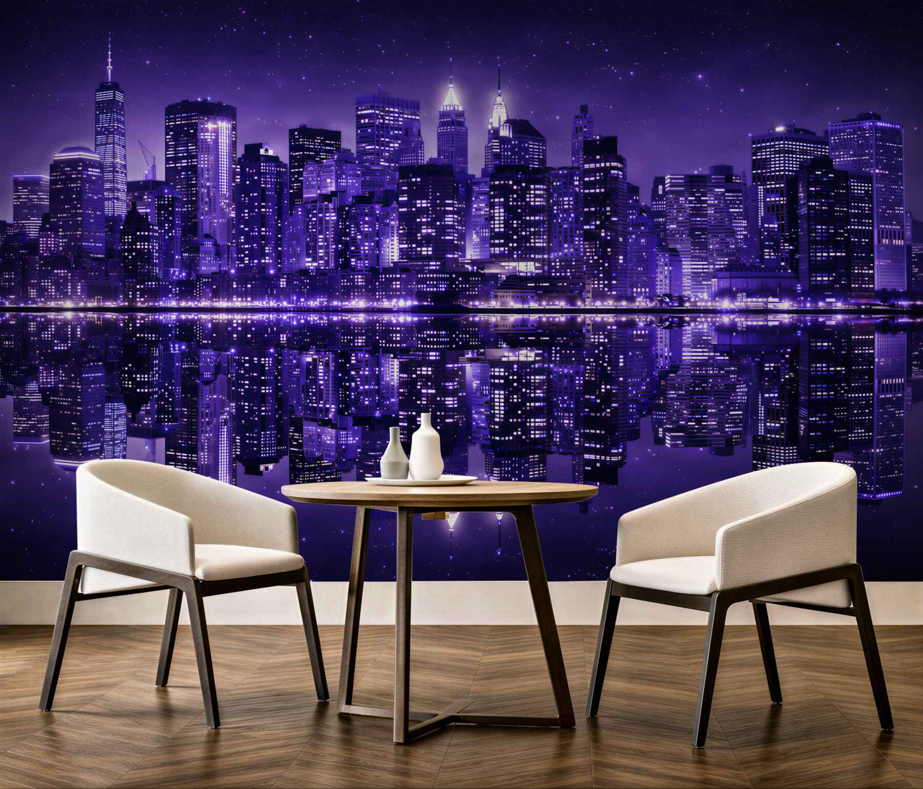 Fototapeta nocne miasto z odbiciem w wodzie fioletowy panorama skyline
