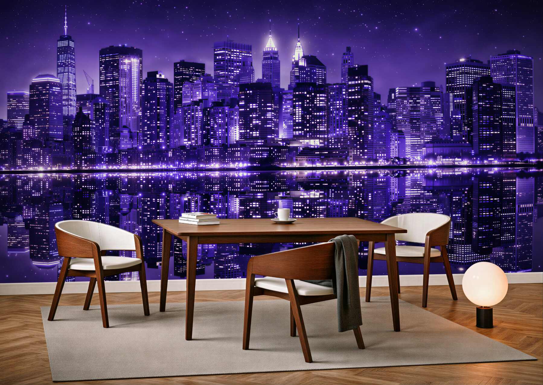 Fototapeta nocne miasto z odbiciem w wodzie fioletowy panorama skyline