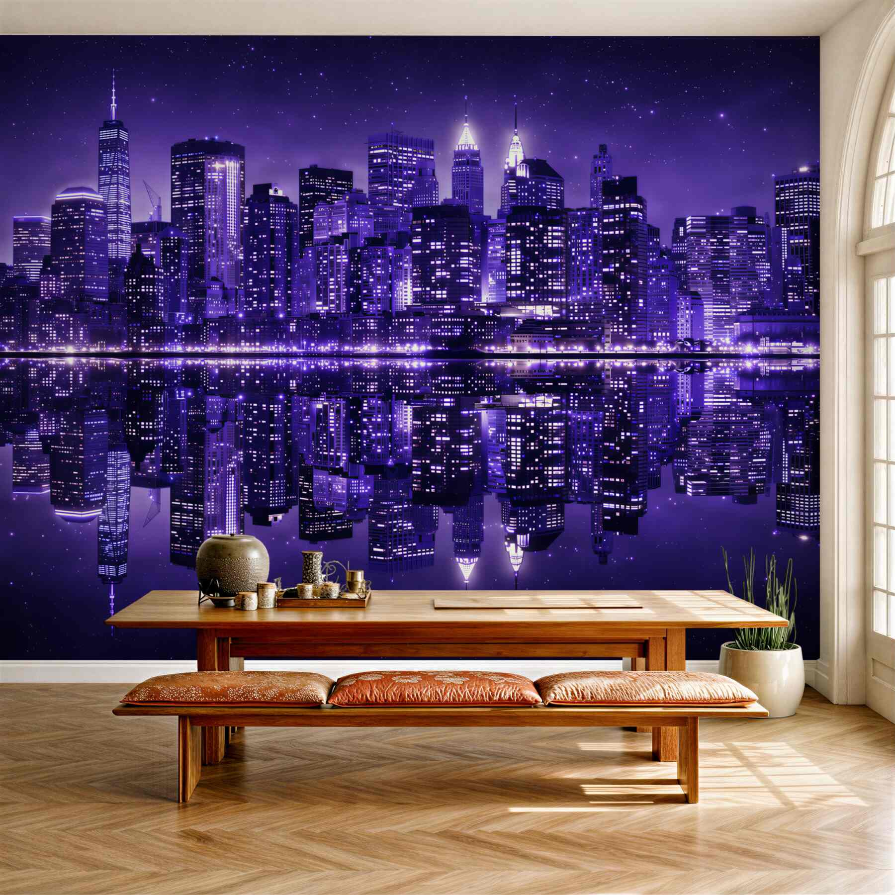 Fototapeta nocne miasto z odbiciem w wodzie fioletowy panorama skyline