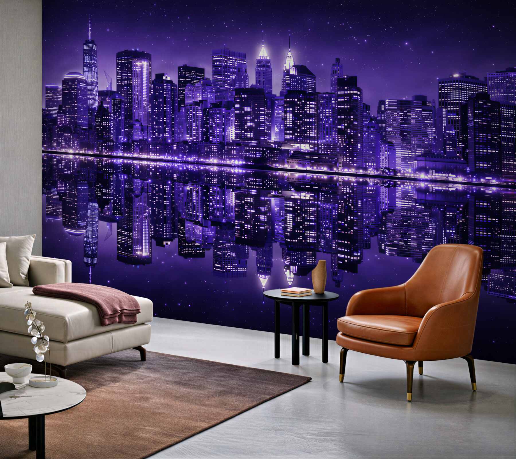 Fototapeta nocne miasto z odbiciem w wodzie fioletowy panorama skyline