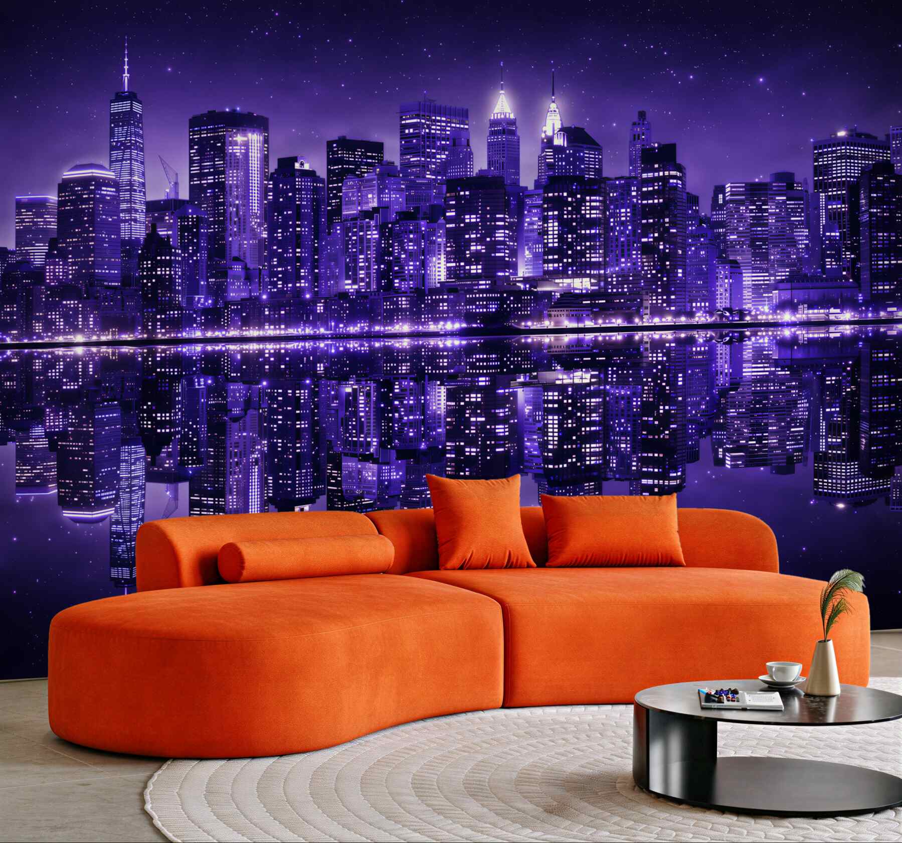 Fototapeta nocne miasto z odbiciem w wodzie fioletowy panorama skyline
