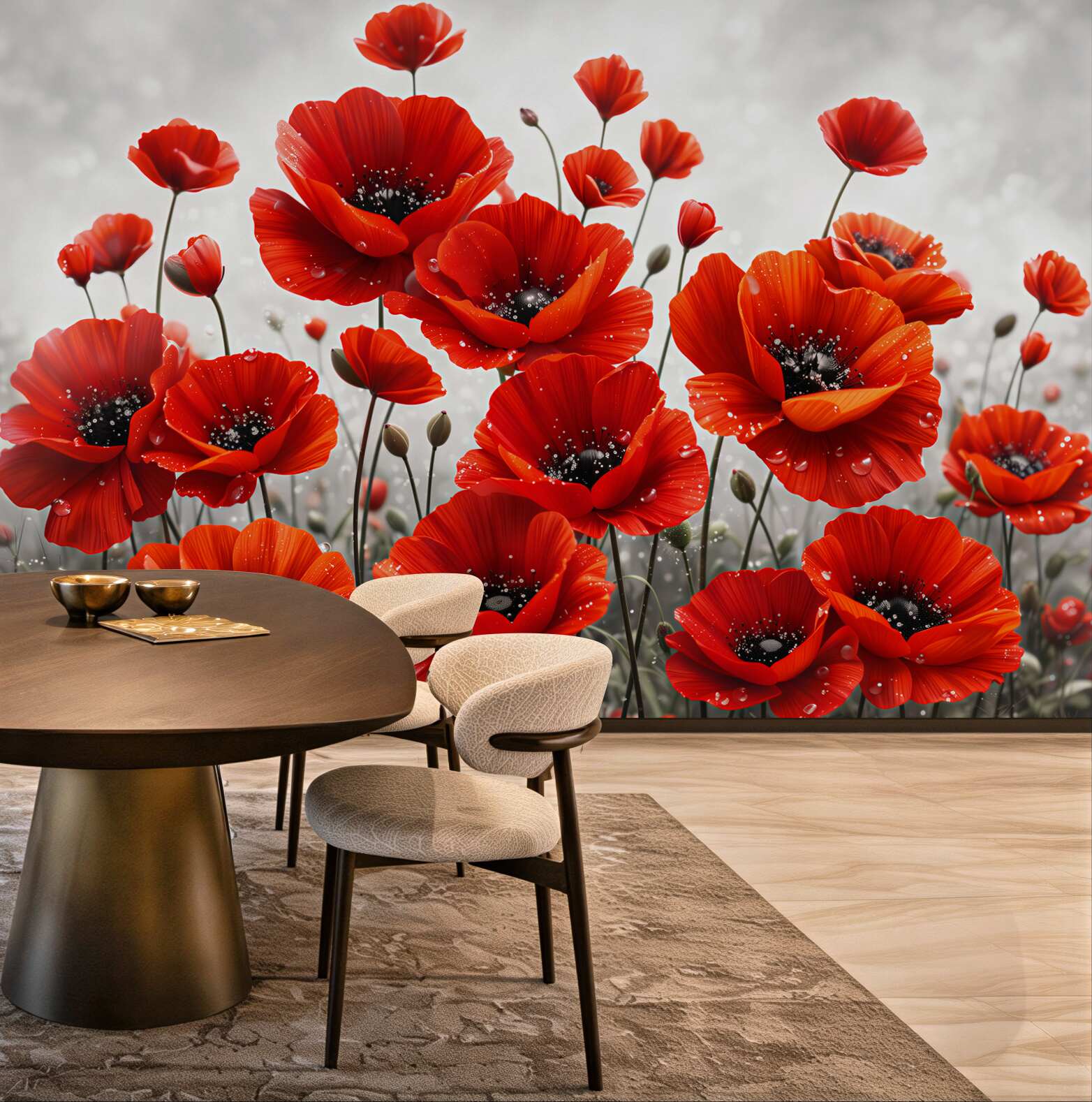Fototapeta czerwone maki z kroplami rosy na jasnym tle