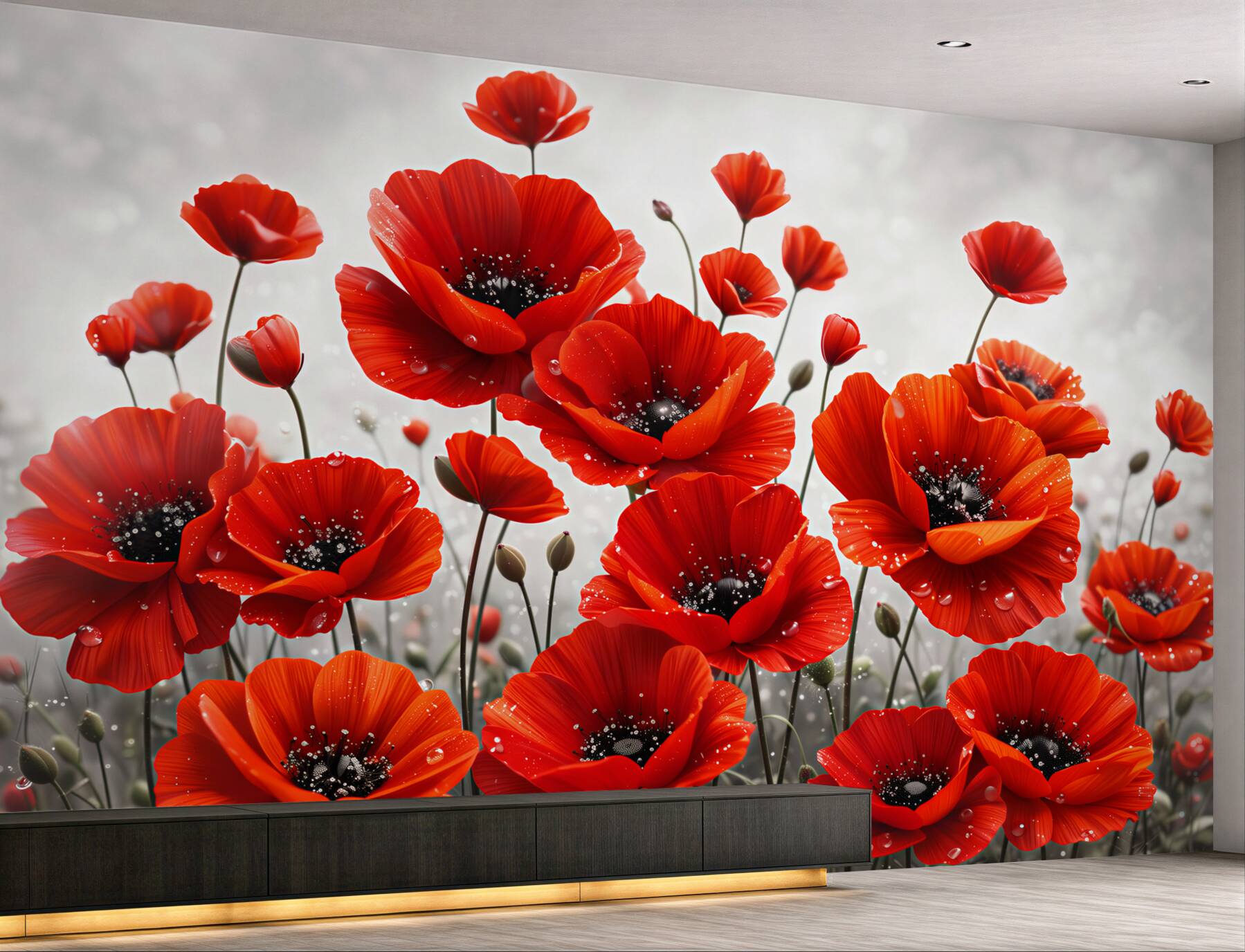 Fototapeta czerwone maki z kroplami rosy na jasnym tle