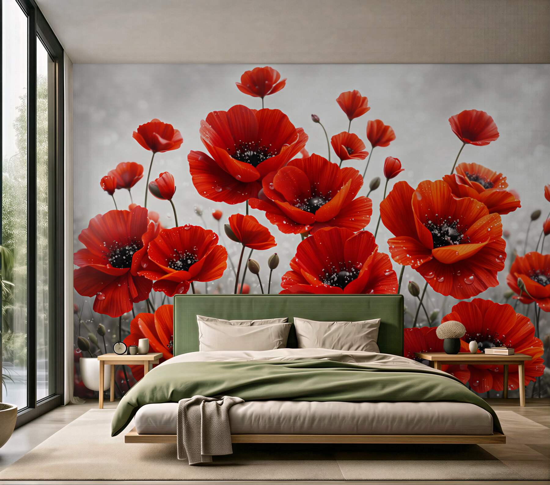 Fototapeta czerwone maki z kroplami rosy na jasnym tle