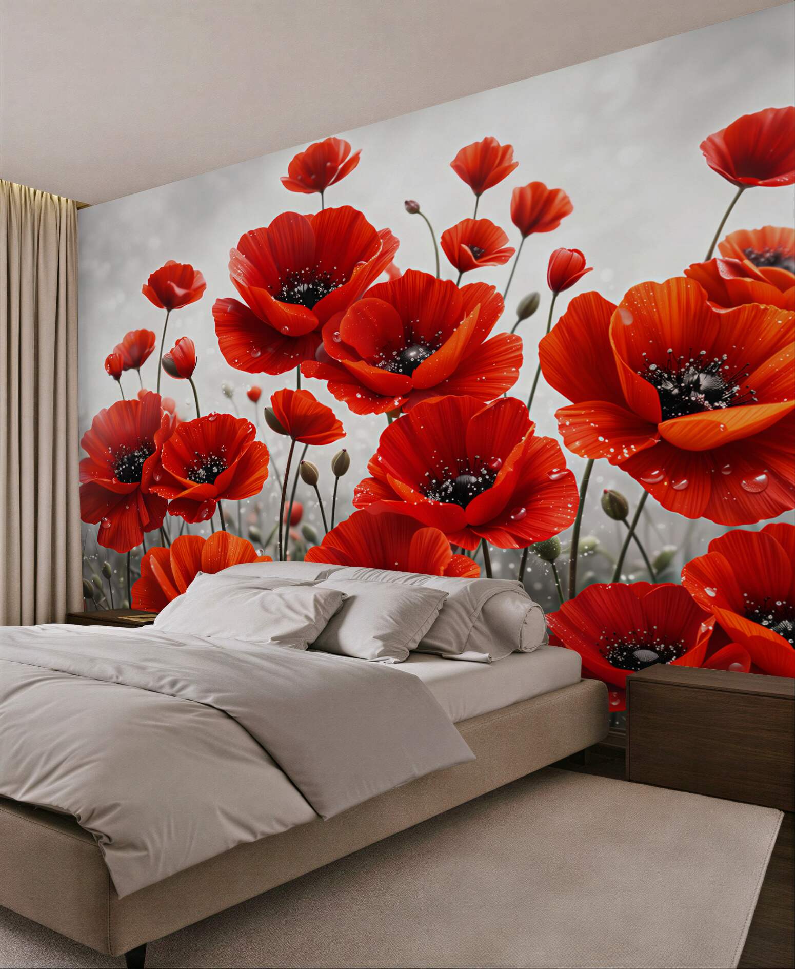 Fototapeta czerwone maki z kroplami rosy na jasnym tle