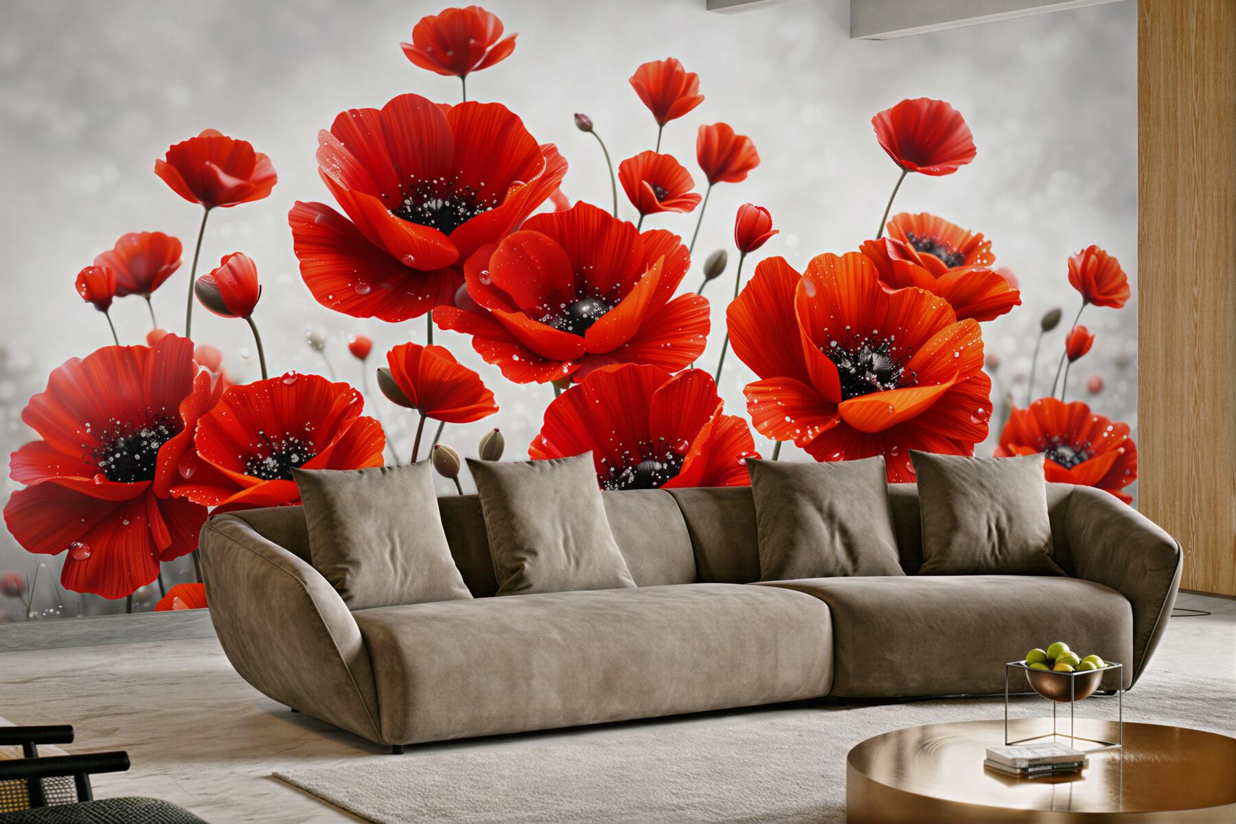 Fototapeta czerwone maki z kroplami rosy na jasnym tle